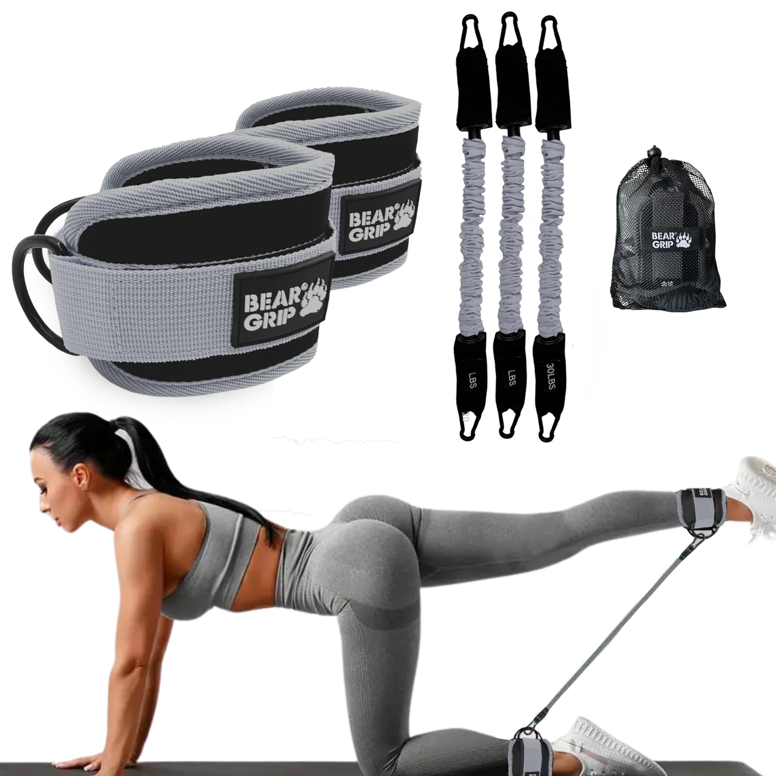 BEAR GRIP Resistance Bands with Ankle Straps – Glute & Leg Workout Equipment, Booty Bands for Women, Exercise Band for Kickbacks, Hip Thrusts & Home Gym Fitness Equipment (Grey, Cables)