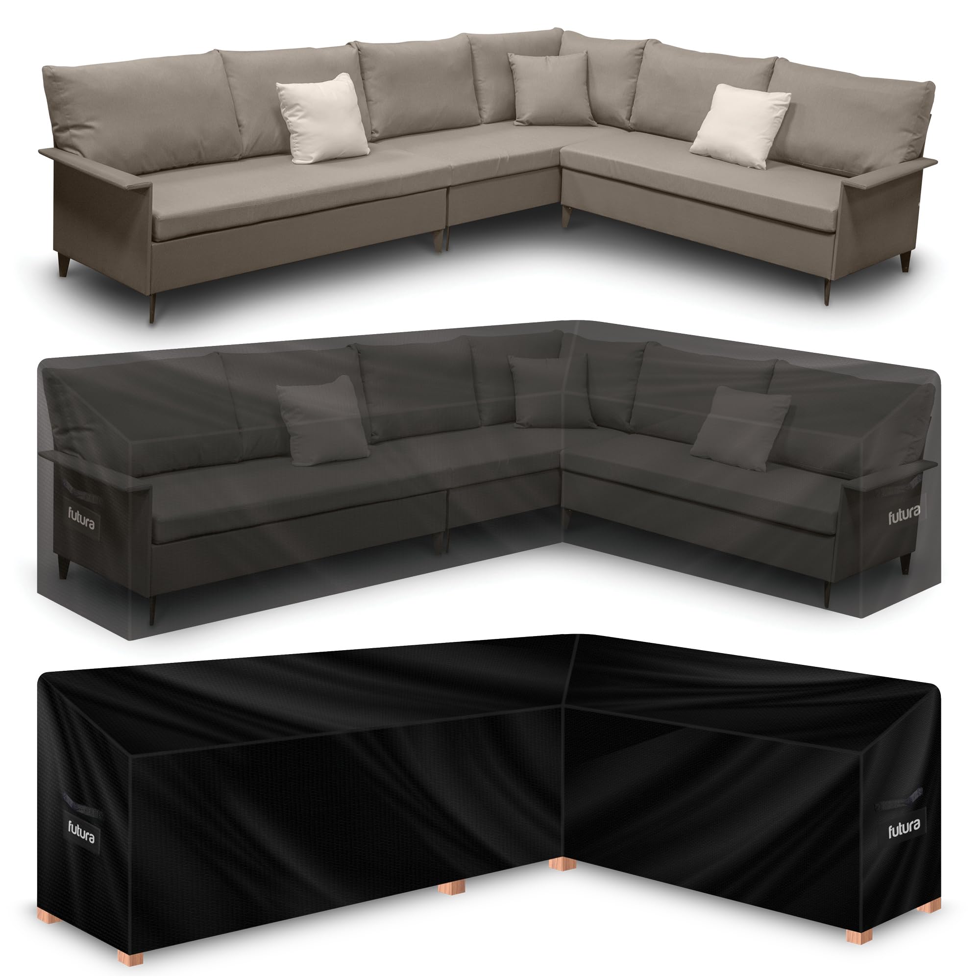 Futura Premium L Shaped Garden Furniture Covers Waterproof 260x210x80cm, Heavy Duty 600D Oxford Fabric Outdoor Rattan Corner Sofa Cover, PVC Lined, Air Vents and UV Safe — image 1