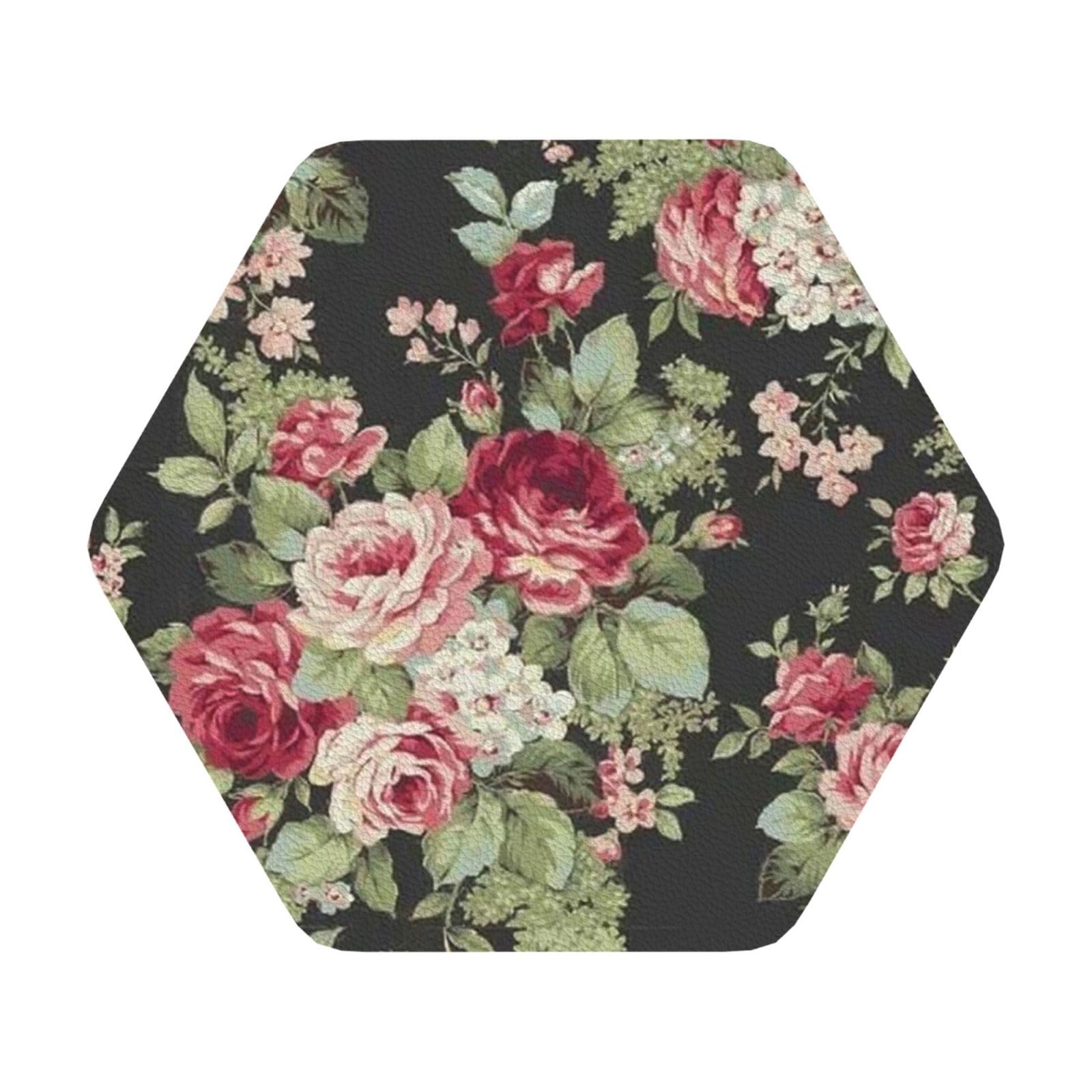 Safflower leaf PU Leather Coasters Set of 6 Hexagon Drink Coasters