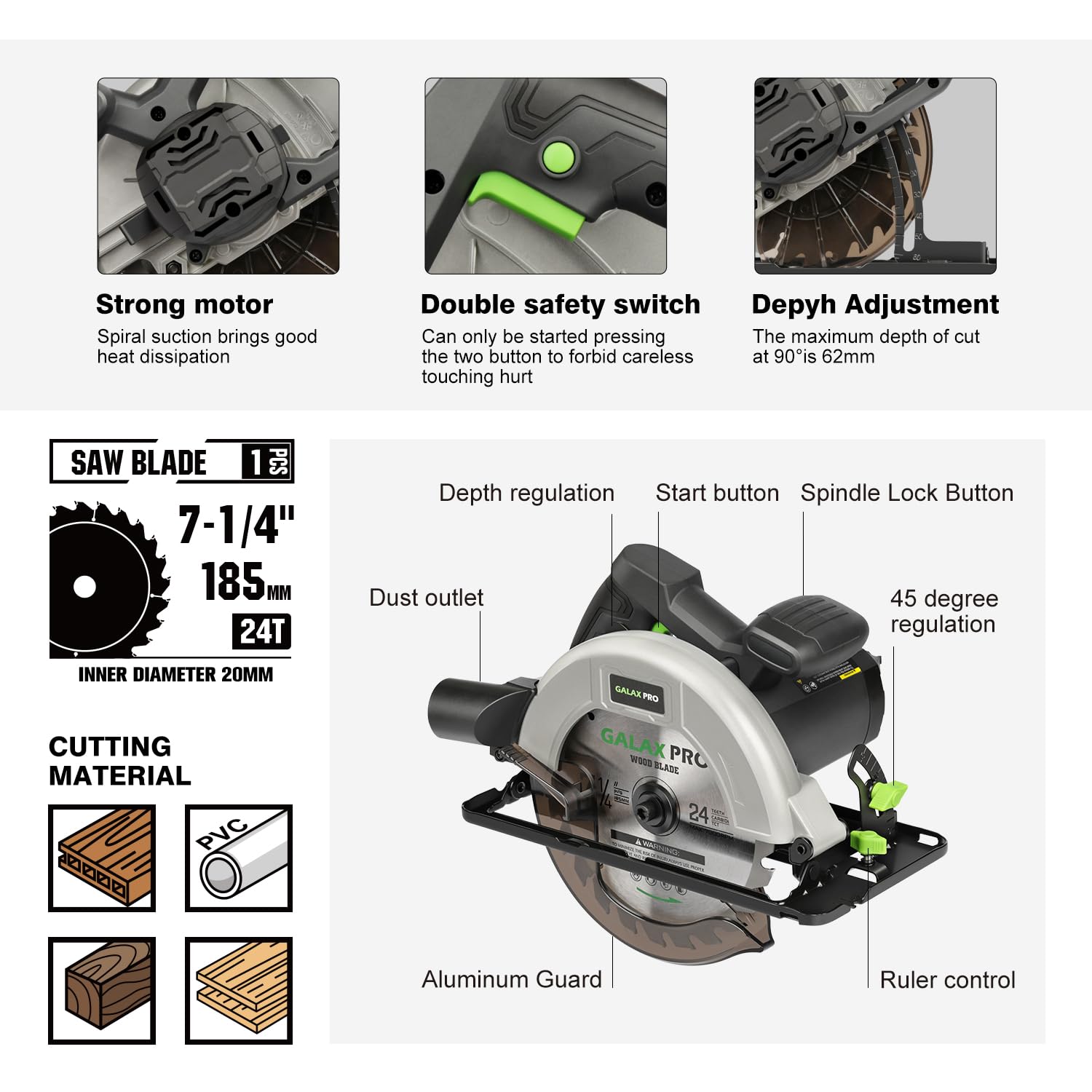 Scie Circulaire 1400W GALAX PRO, Scie Circulaire pour le bois, 6000 RPM, Profondeur de Coupe Max: 62 mm (90°) et 48 mm (45°), moteur en cuivre pur, Lama 185 mm