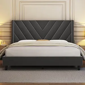 Yaheetech Full Bed Frame Upholstered Platform Bed with Wing Side Tufted Headboard/Sturdy Wooden Slat Support/No Box Spring Needed/Mattress Foundation,Dark Gray Full Bed