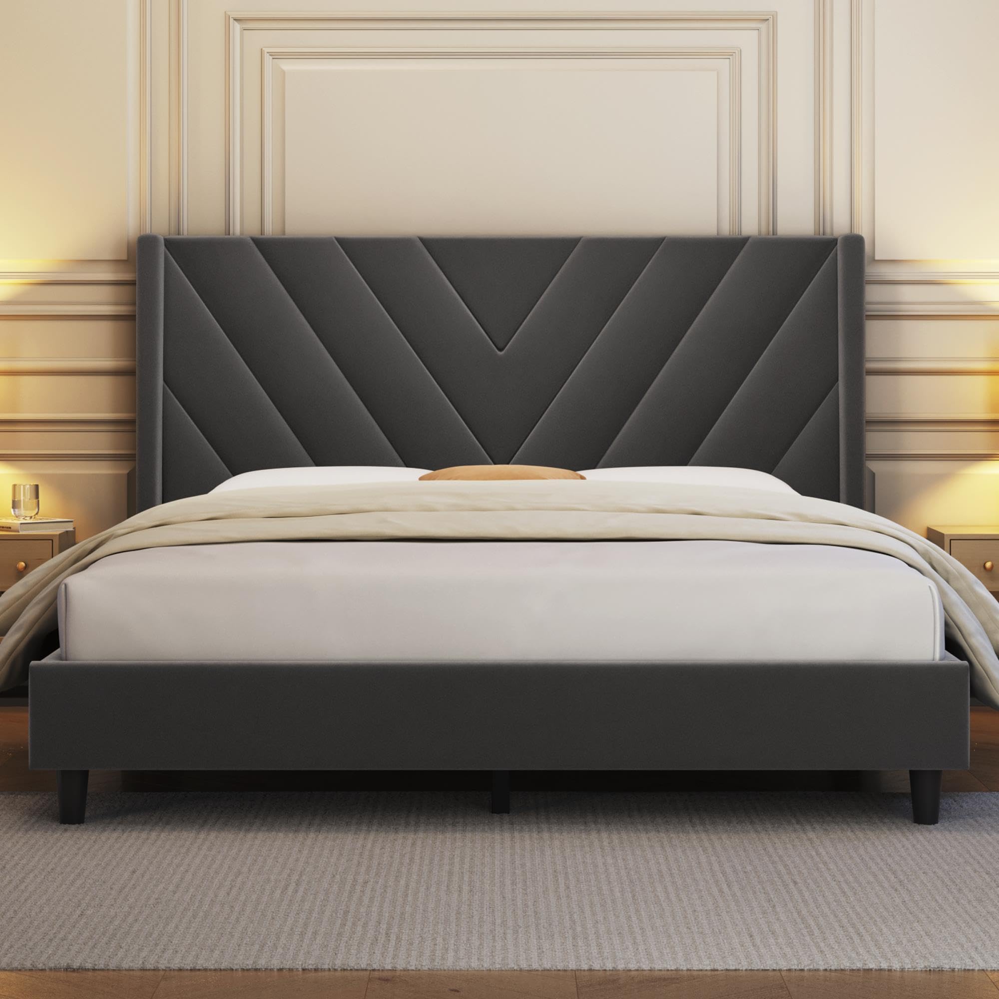 Yaheetech Queen Bed Frame Upholstered Platform Bed with Wing Side/Wooden Slat Support/Tufted Headboard with Wing Side/Mattress Foundation/No Box Spring Needed,Dark Gray Queen Bed