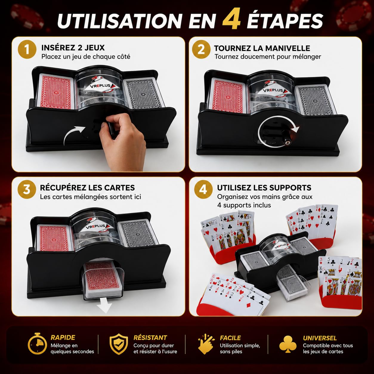 Mélangeur de Cartes Manuel à Manivelle 2 Jeux+ 4 Supports,2 Plateaux – Mélange Rapide et Facile – Pack Poker, Blackjack, Jeux de Société, Soirées et Famille
