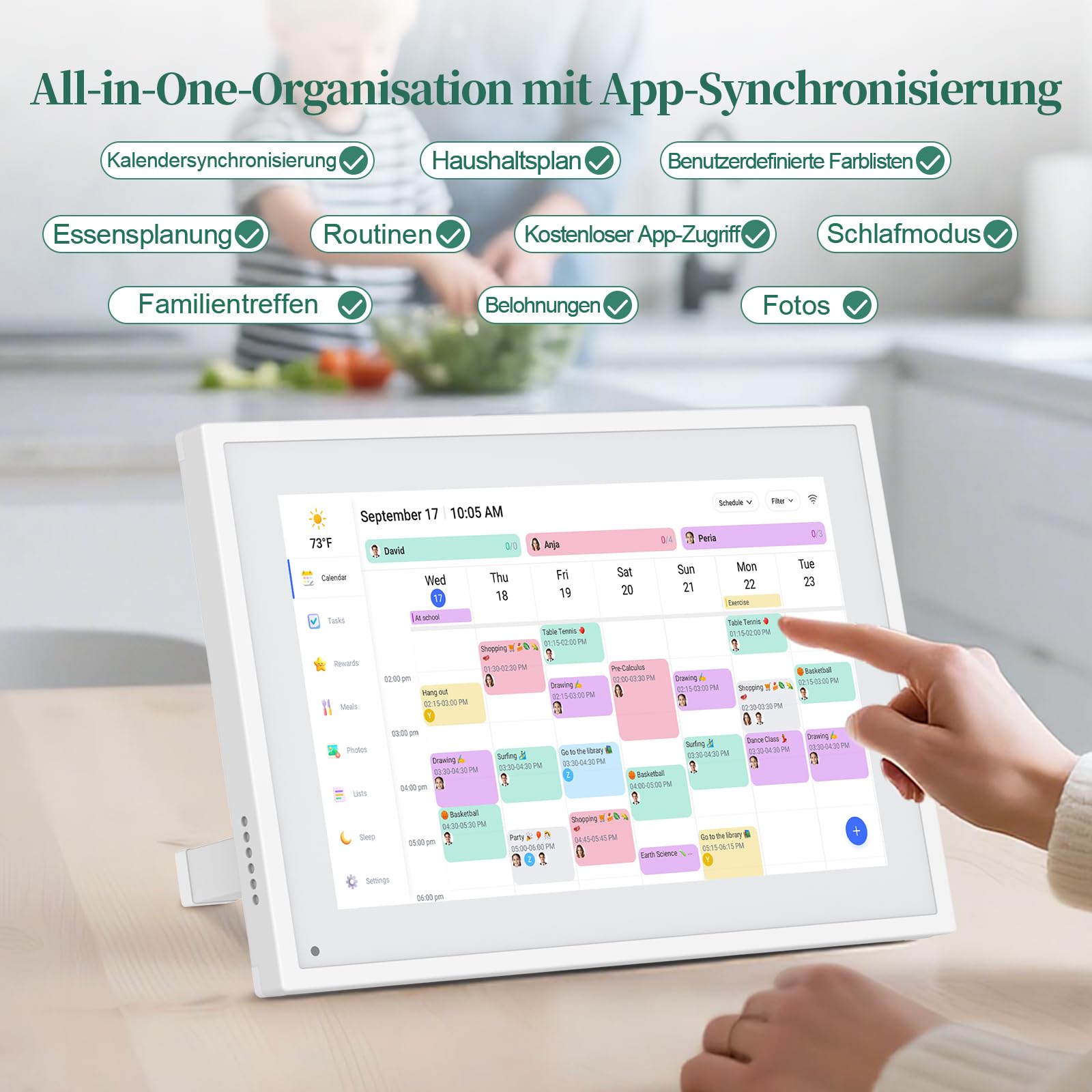 Digitaler Kalender, 10.1 Zoll Digitaler Wandkalender für Familien, Touchscreen Terminplaner mit App Synchronisation, Essensplaner und Belohnungssystem