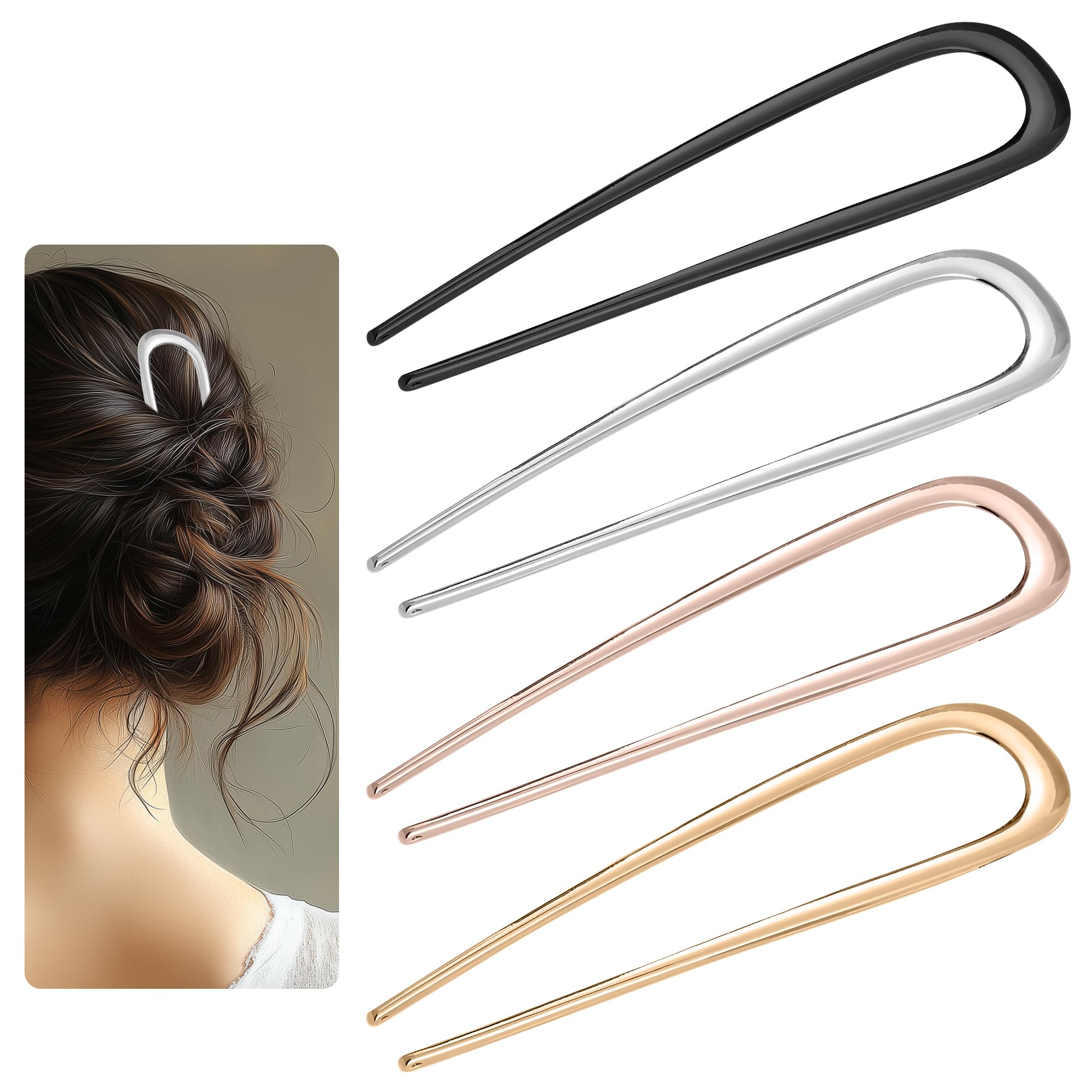 4 horquillas francesas de 14 cm, de metal, horquilla francesa, horquilla francesa, horquilla en forma de U, horquilla grande para el pelo, pinzas francesas, para mujeres y niñas, dorado, plateado,