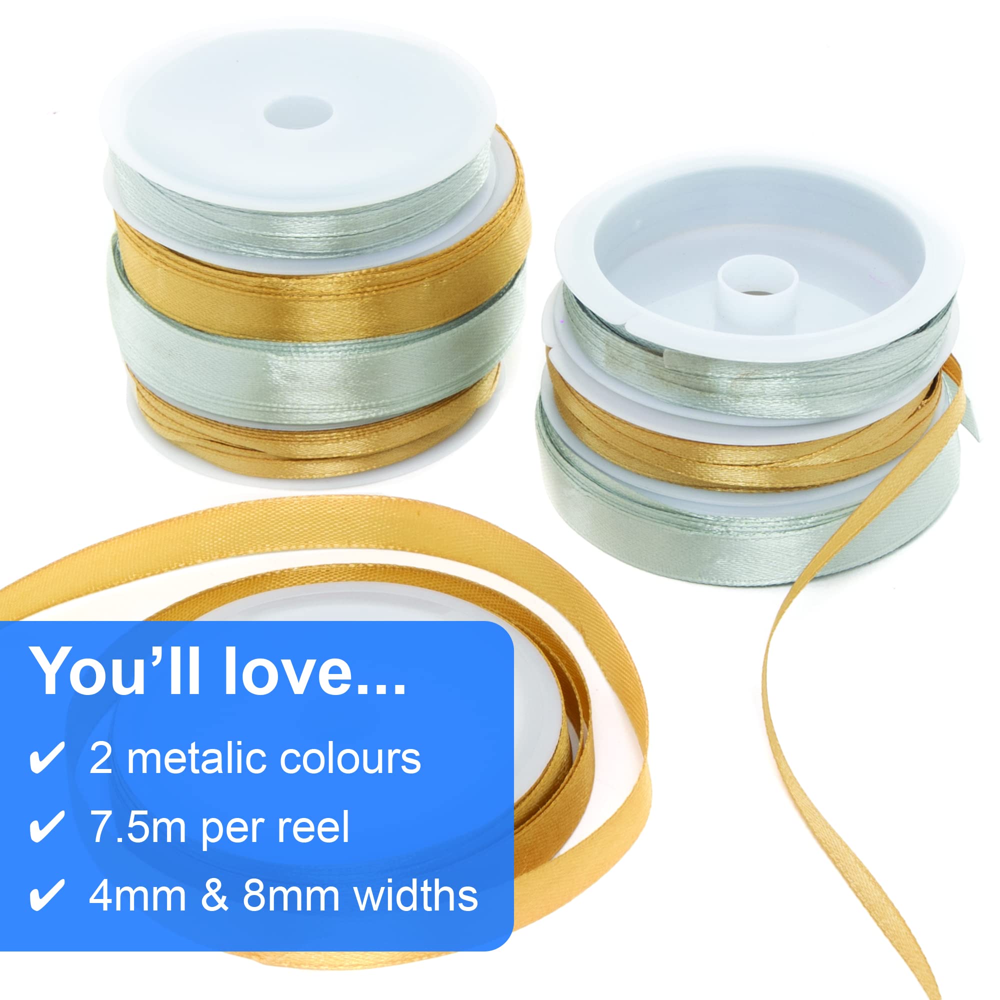 Baker Ross FE801 Gold and Silver Satin Ribbon Value Pack, Pack of 8 - Image 3