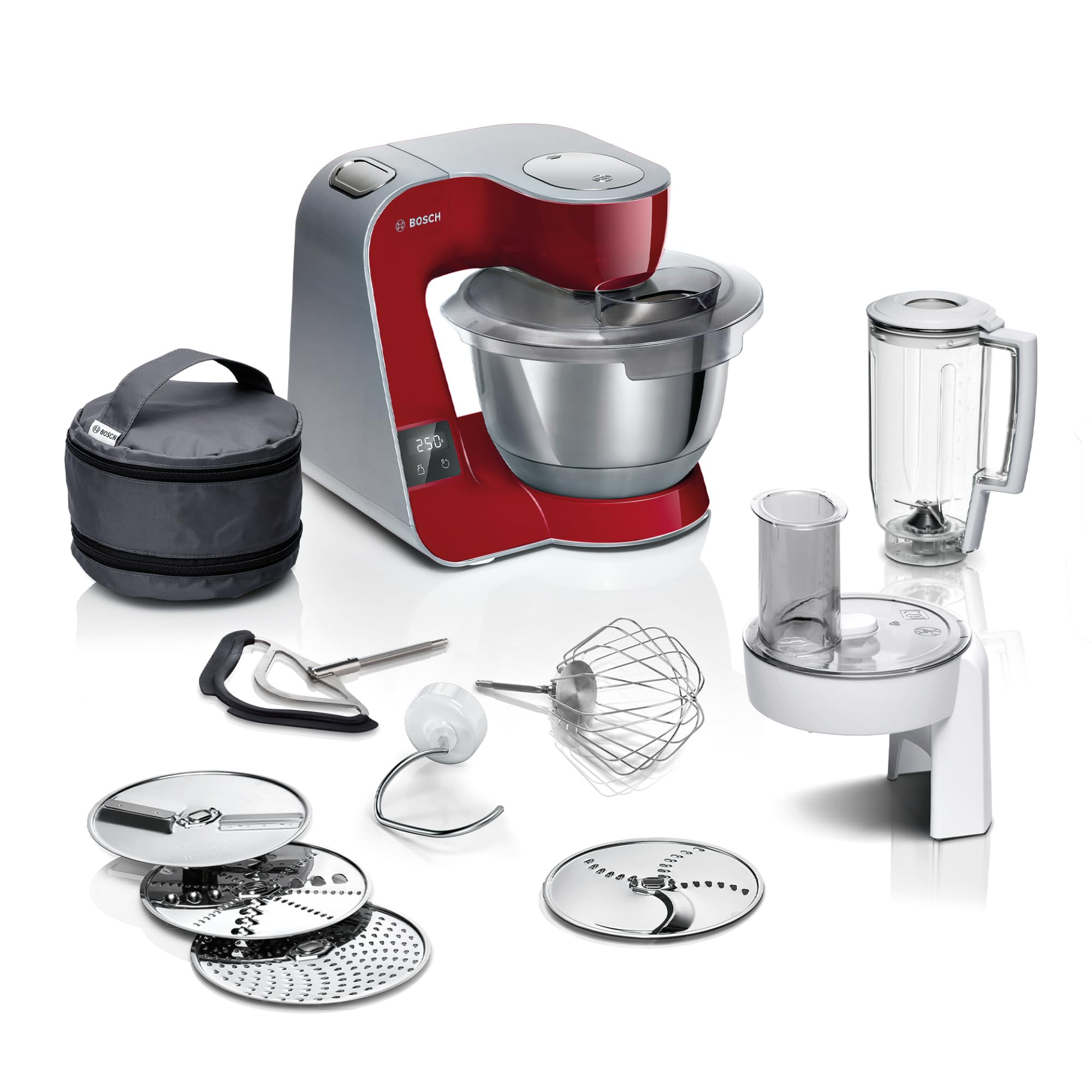 Bosch Küchenmaschine MUM5 MUM5X720, integrierte Waage,Edelstahl-Schüssel 3,9L, Mixer 1,25L, Profi-Knethaken, Planetarisches Rührgetriebe, Rührbesen, Durchlaufschnitzler, 1000 W, Silber/Dunkelrot