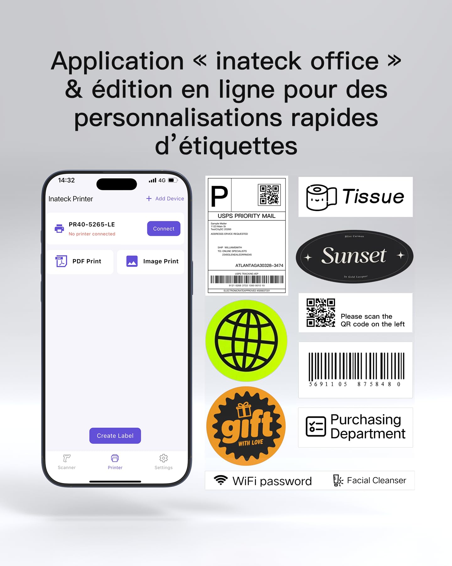 Inateck Imprimante d'étiquettes Thermiques Mobiles sans Fil 4 x 6 PR50 - Compatible iOS, Android, Windows, Noir