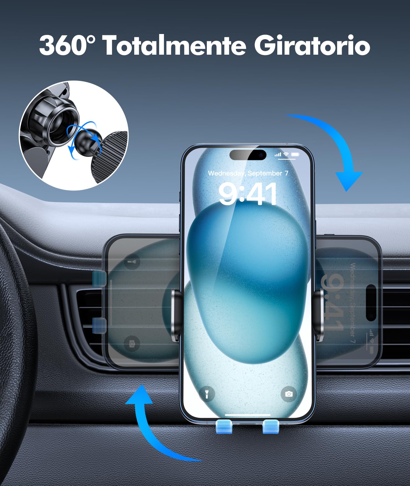 EOIWUY 15W Cargador Inalámbrico Coche, [Sujeción Automática] 360° Rotación Soporte Movil Coche Cargador Inalambrico Carga Rápida para Rejilla Compatible con iPhone 17/16/15/14/13, Galaxy S25/S24, etc