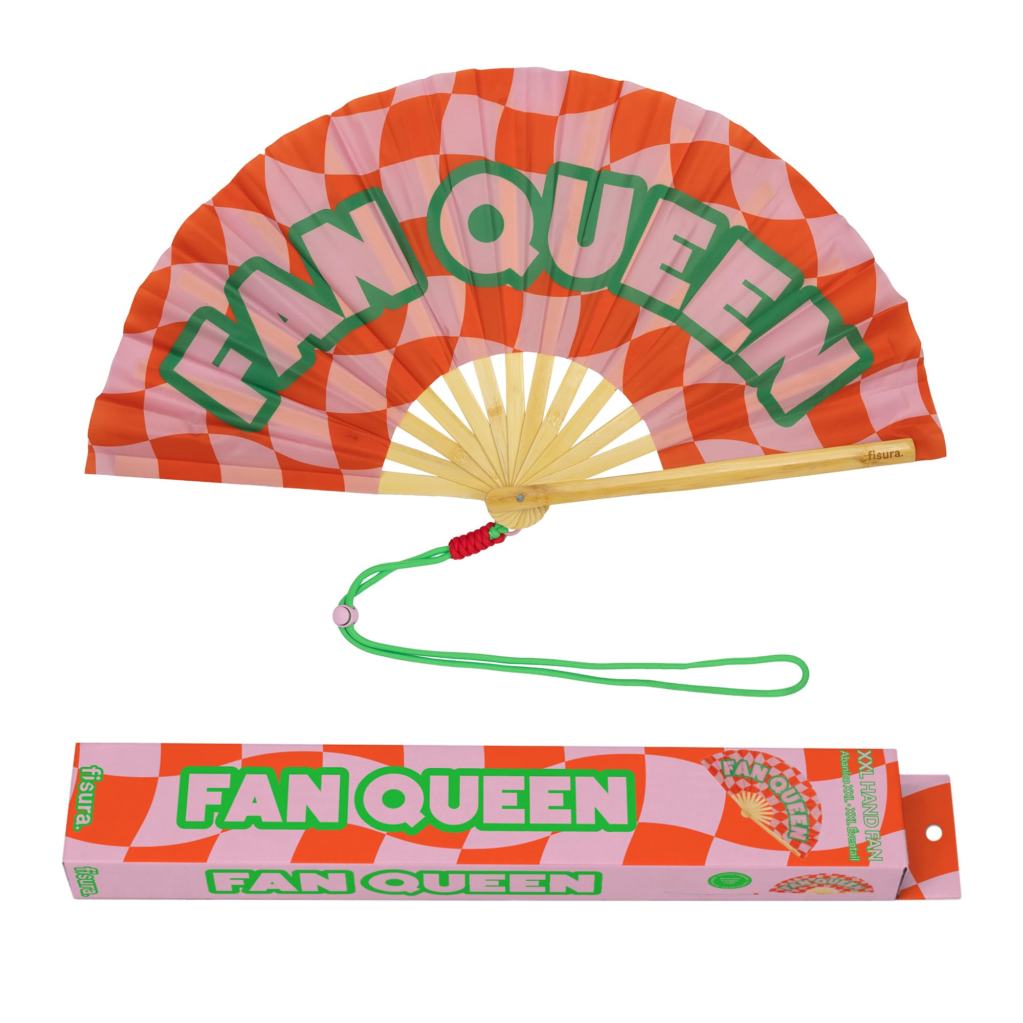 Fisura – XXL Folding Fan “Fan Queen”. Large Festival Handheld Fan with Colourful Wooden Design. Red & Pink Folding Fan with Holder Included. Size: 25.2 × 13 in. — image 1