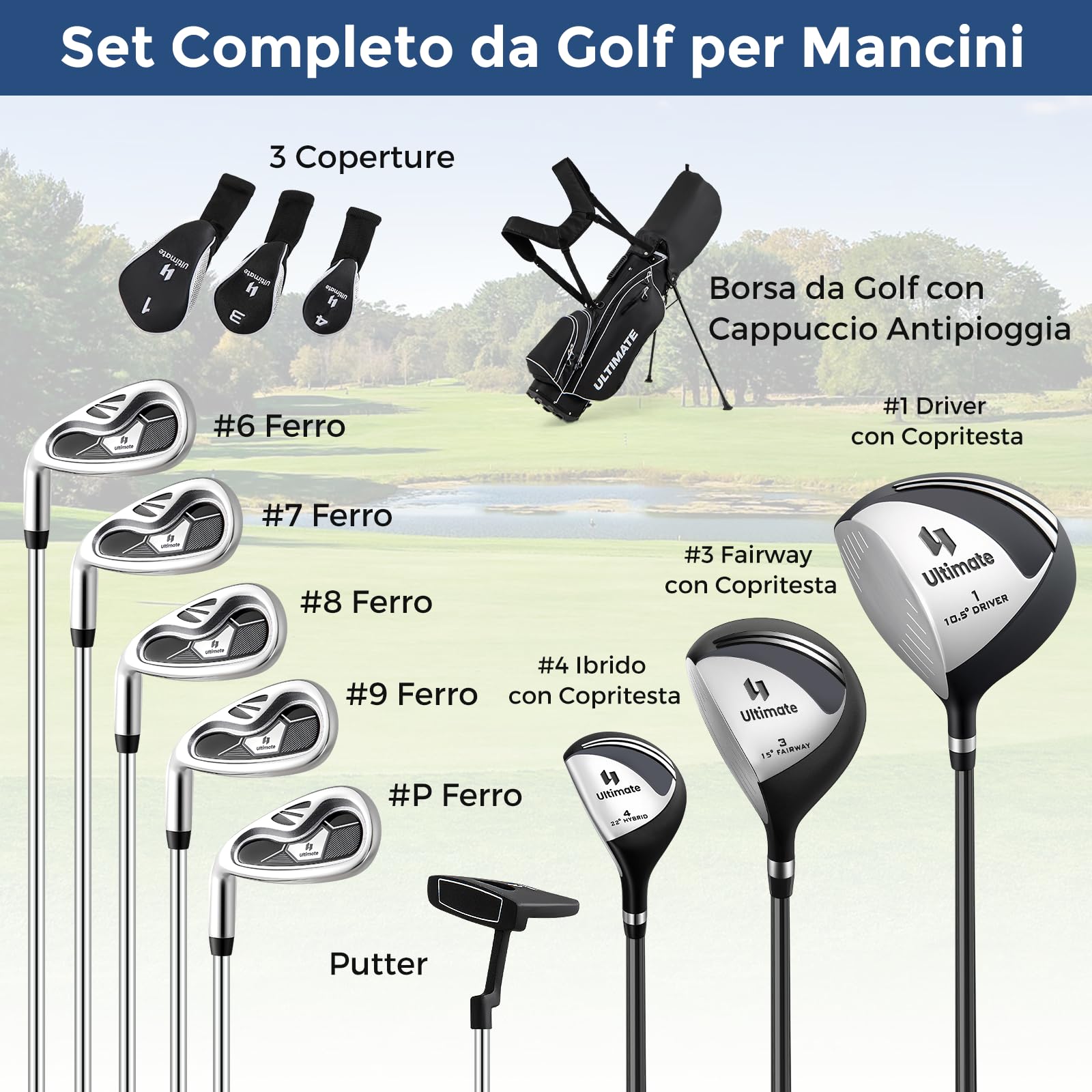 COSTWAY Set Completo di Mazze da Golf per Mancini da Uomo, Borsa Portatile con Supporto e Cappuccio Antipioggia, Include Driver 1 da 460CC, Fairway 3, Ibrido 4, Ferri 6, 7, 8, 9, P e Putter