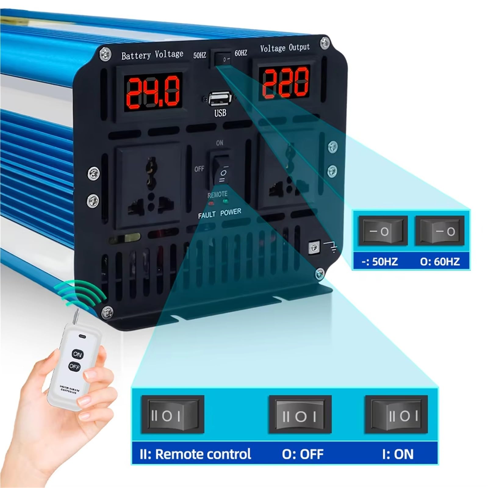 Inversor Inversor De Potencia Solar De Onda Sinusoidal Pura De 24V A 220V Convertidor Potente 60 Hz para Caravanas Y Camping Al Aire Libre(1000W Peak)