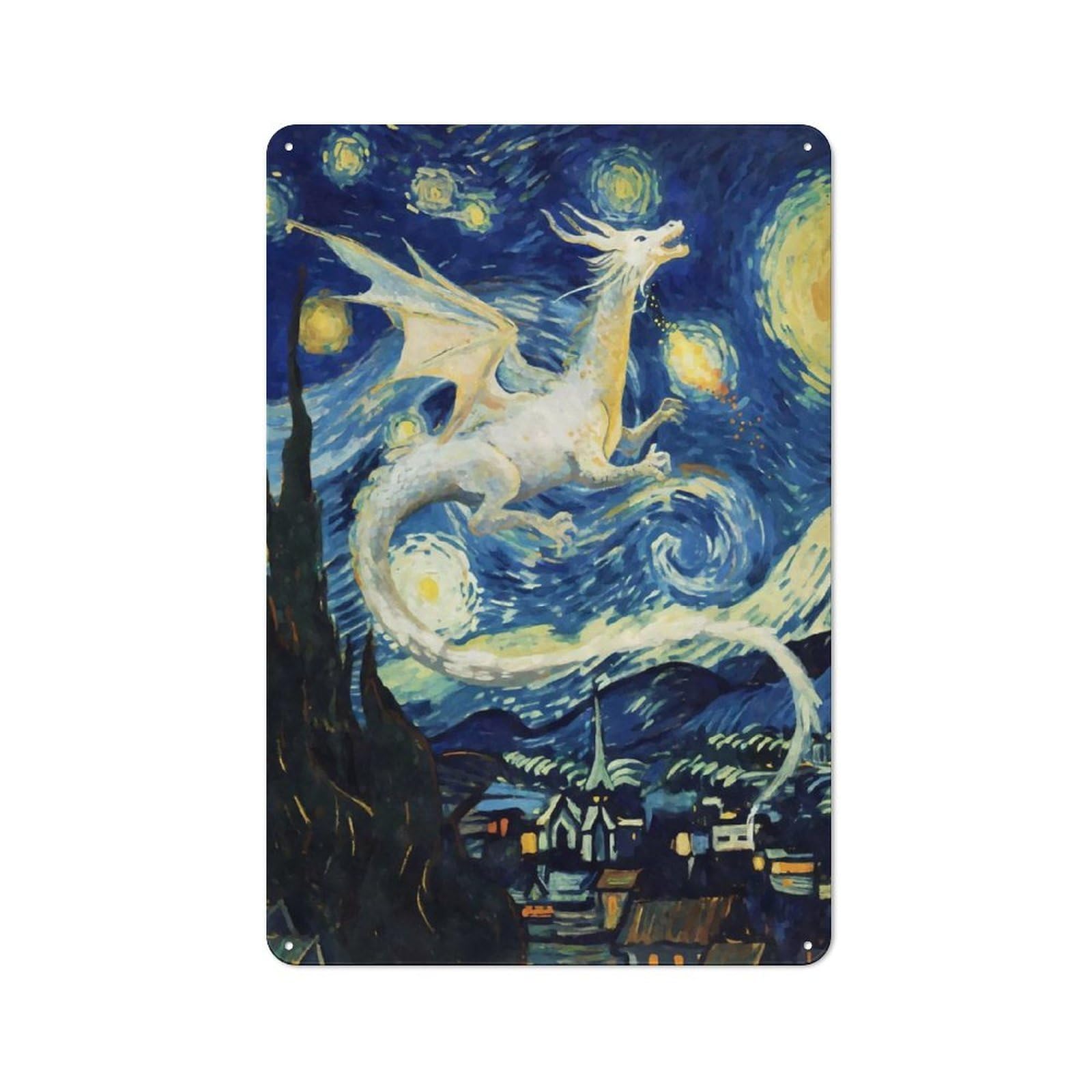 Junmoney White Dragon Starry Night Vintage Tin Sign 30X20cm For Garden Room Or Summerhouse, For A Newly Organised Room And Metal Sign Display