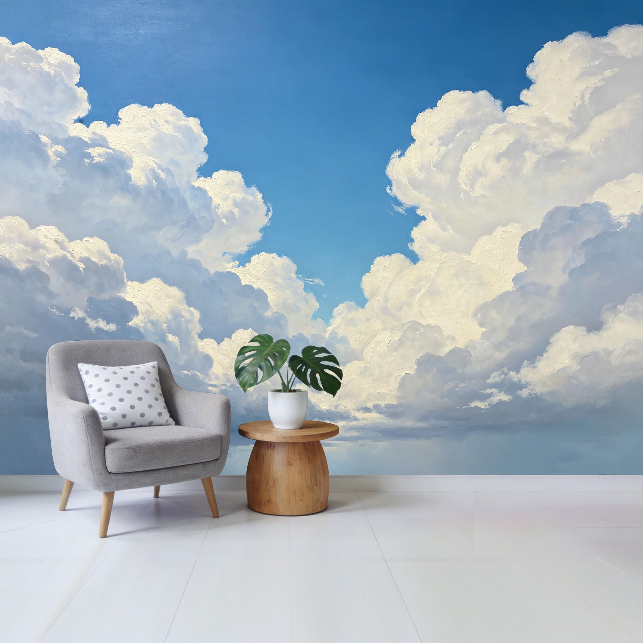 Custom Size Wall Mural Blue Sky Fluffy Cloud Landscape Watercolor Style Removable Self Adhesive Fabric Home Wall Decor for Living Room Bedroom Bathroom