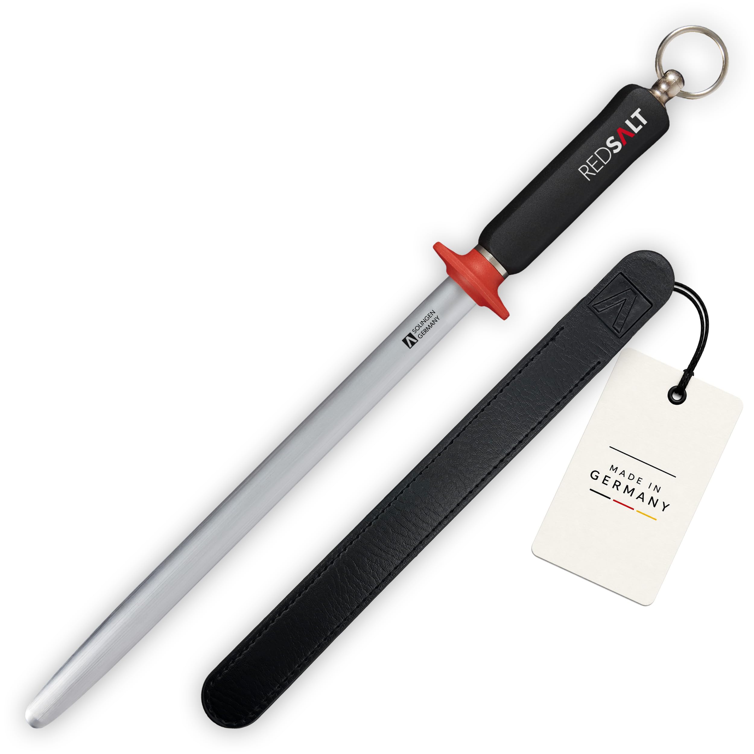 REDSALT® Profi Wetzstahl 30 cm oval – Microfeiner Saphirzug für Damastmesser & hochwertige Kochmesser | HRC 65 Chrom-Vanadium-Stahl | Made in Solingen | Premium Messerschärfer