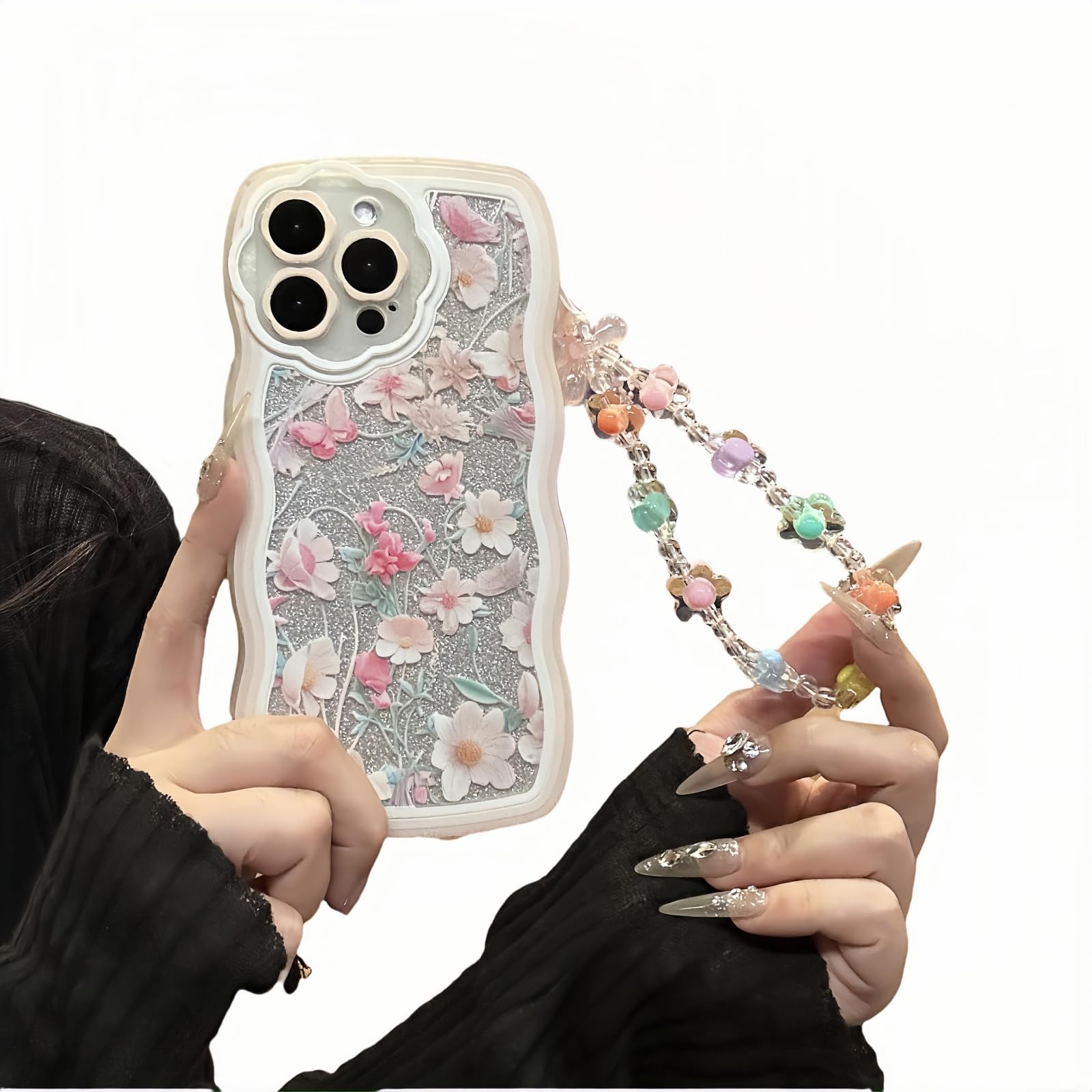 Compatible with iPhone 14 Case,Floral Flowers Pattern Wavy TPU Soft Case[with Beads Wrist Strap Bracelet Chain and Glitter Cardstock] for Women and