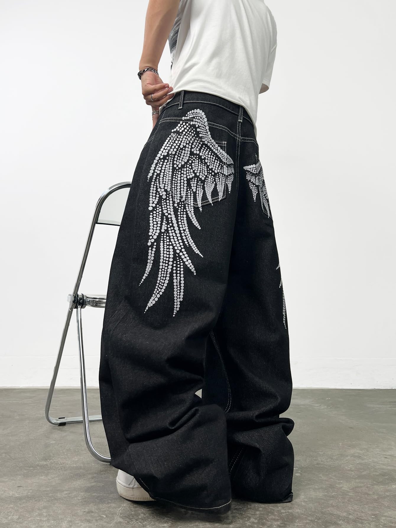 Jeans da uomo larghi a gamba larga con stampa ali d'angelo pantaloni in denim Y2K Hip Hop Streetwear pantaloni casual