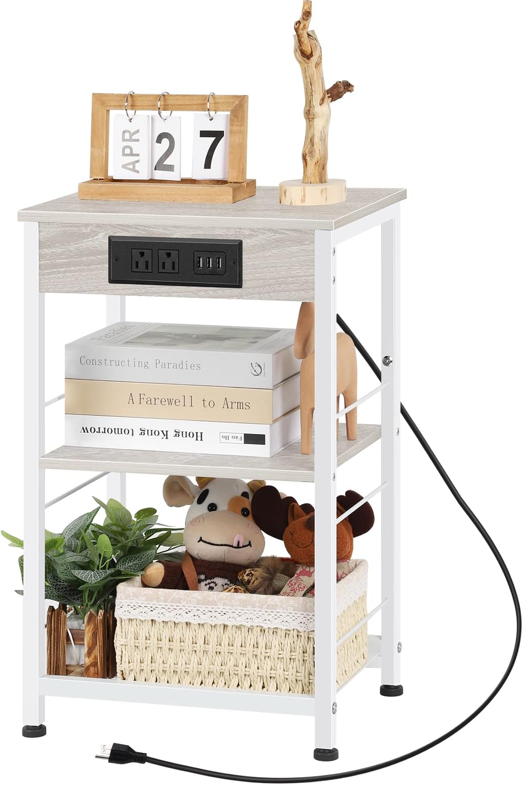 White Nightstand with Charging Station Bedroom Side Table End Table with USB Ports and Storage Shelf 3-Tier Bedside Table Small Sofa Table Modern Night Stand Charging Tables for Bedroom Living Room