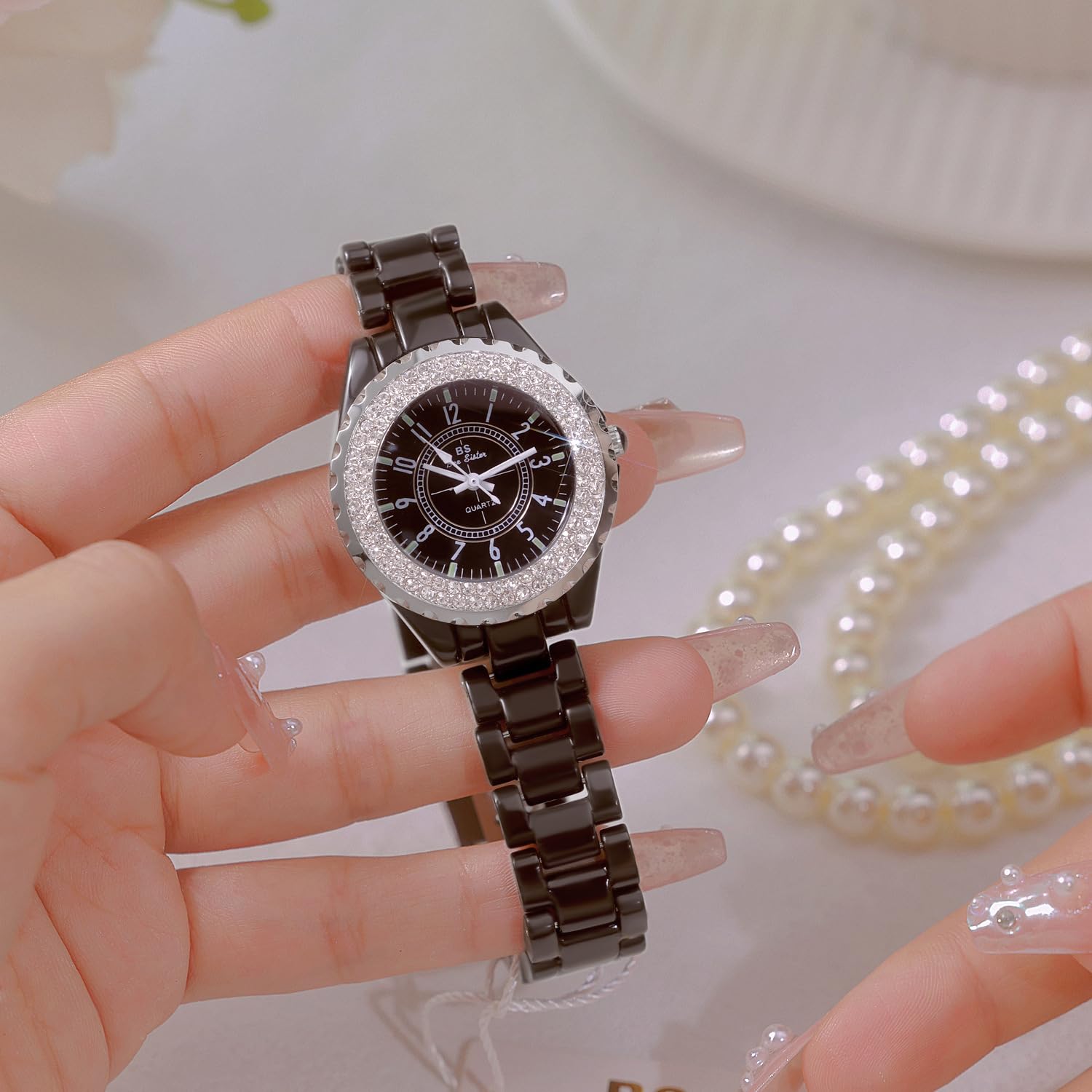 Reloj analógico de cuarzo con cristal de Swarovski, resistente al agua, de cerámica blanca, para mujer, Negro -