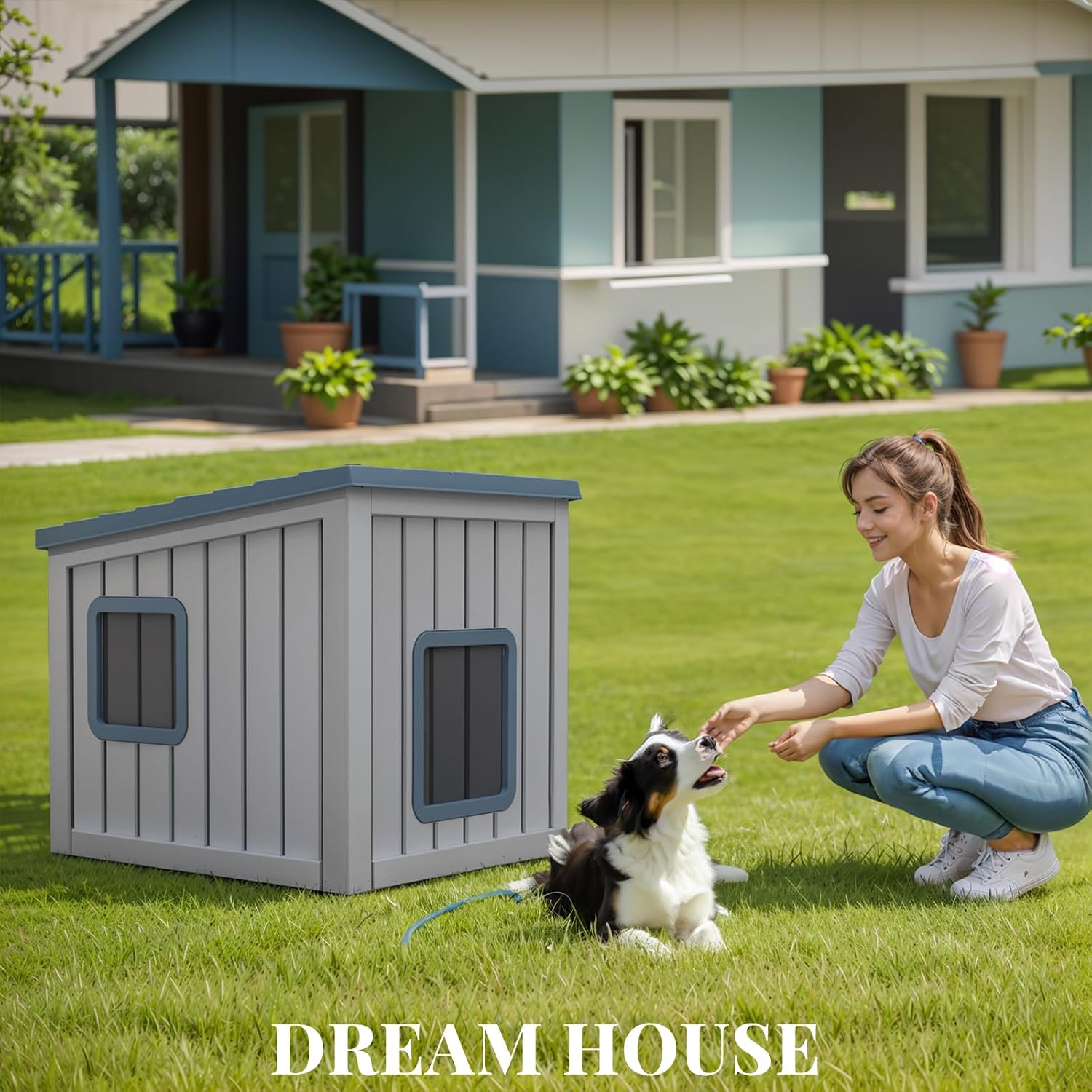 DRATO Outdoor Dog House Indoor and Outdoor Sloped Roof Resin Material with Weatherproof Roof Removable Floors for Small to Middle Sized Dogs Easy to Assemble（Blue，24.65 * 21.5 * 22.21