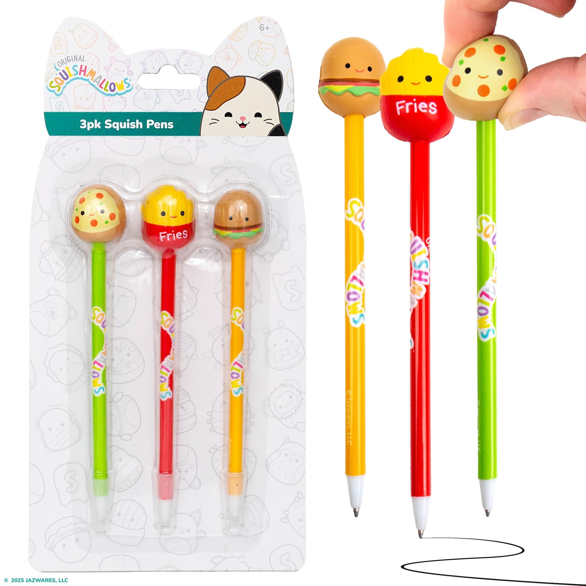 Squishmallows Original Squishy Pens, 3-Pack, Cute Pens for Journaling, School Supplies, Carl the Cheeseburger, Pep the Pizza, Floyd the French Fry