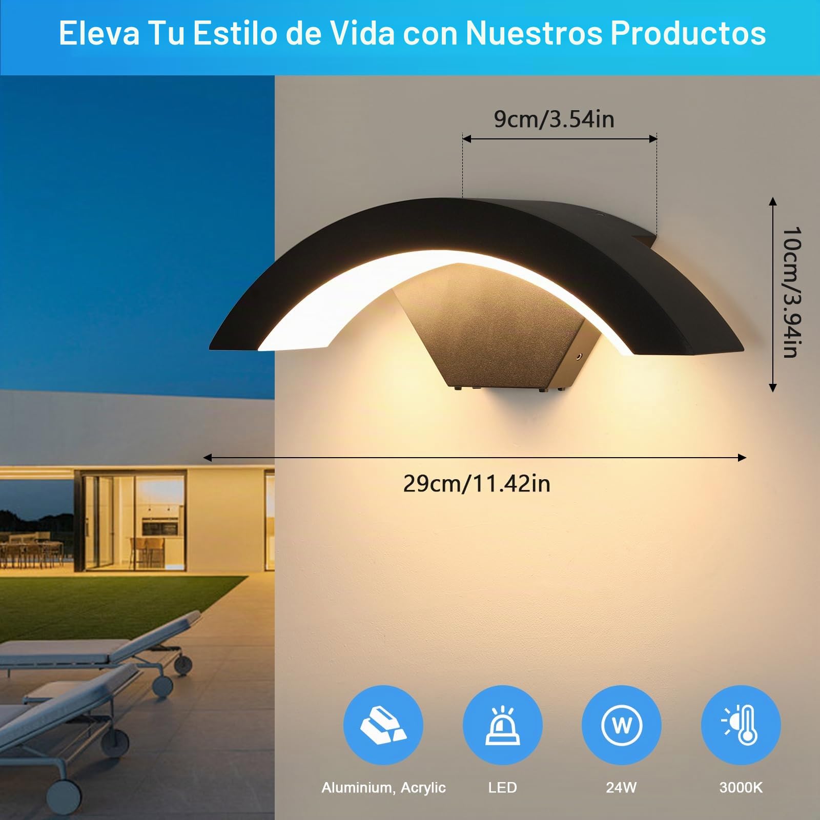 2 Piezas Lámpara de Pared LED Exterior/Interior, 24W 2650LM Aplique Pared Exterior IP65 Impermeable, Aluminio LED Luz de pared Negro para Entrada Terraza Pasillo Jardin, Luz Cálida 3000K