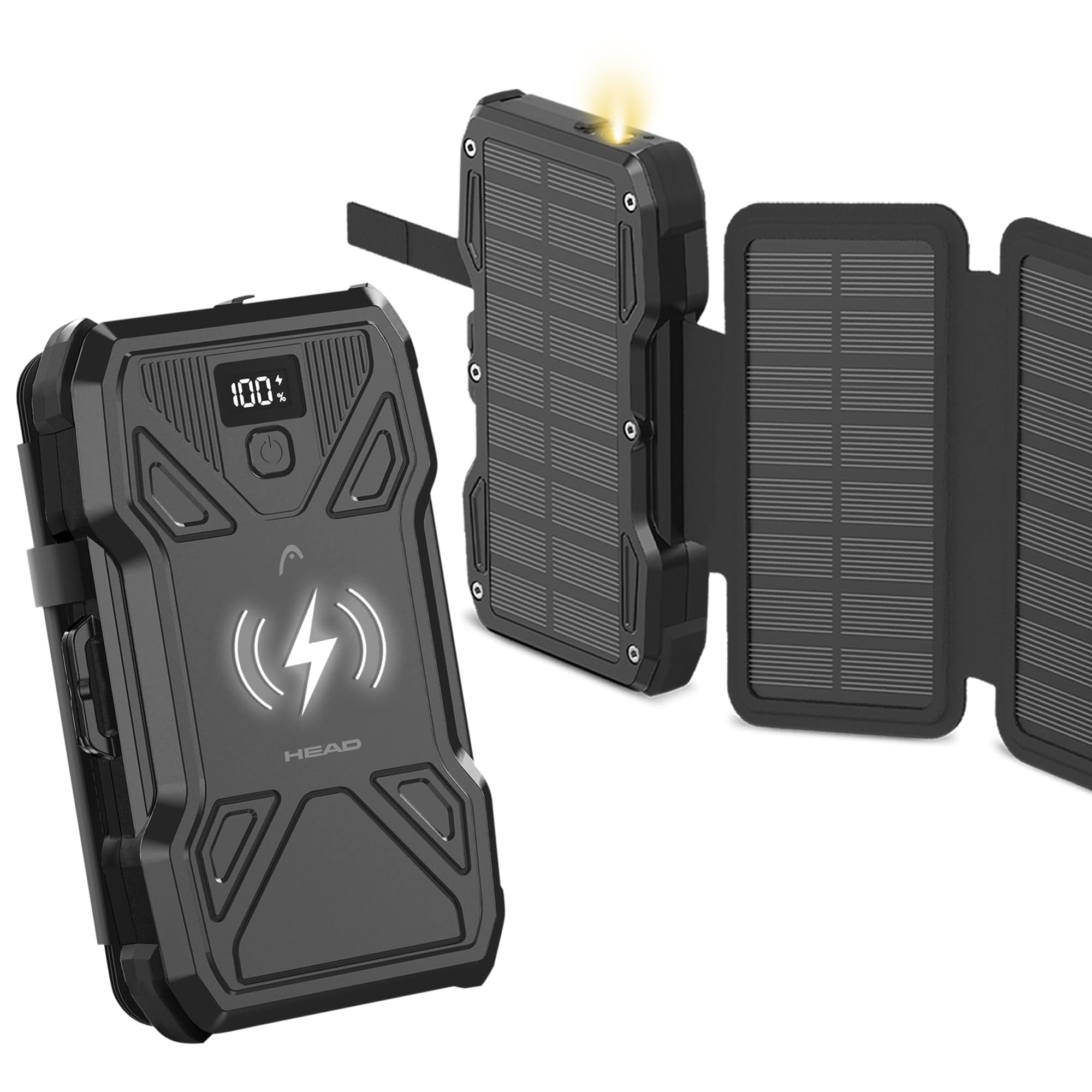 HEAD Power Bank 10000mAh con Linterna, Batería Externa Carga Rápida con Energía Solar, Cargador Portátil Inalámbrico para iPhone y Android, Power Bank USB-C con Diseño Plegable y Cable Incluido