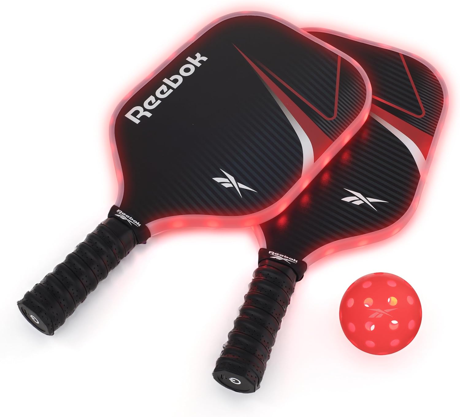 Reebok - LED Pickleball Set for 2 Players, Includes 2 Fiberglass Paddles with 5" Cushion Grip and 2 Light-Up Balls, Perfect for Night Play, Durable, Engineered for Sports Enthusiasts