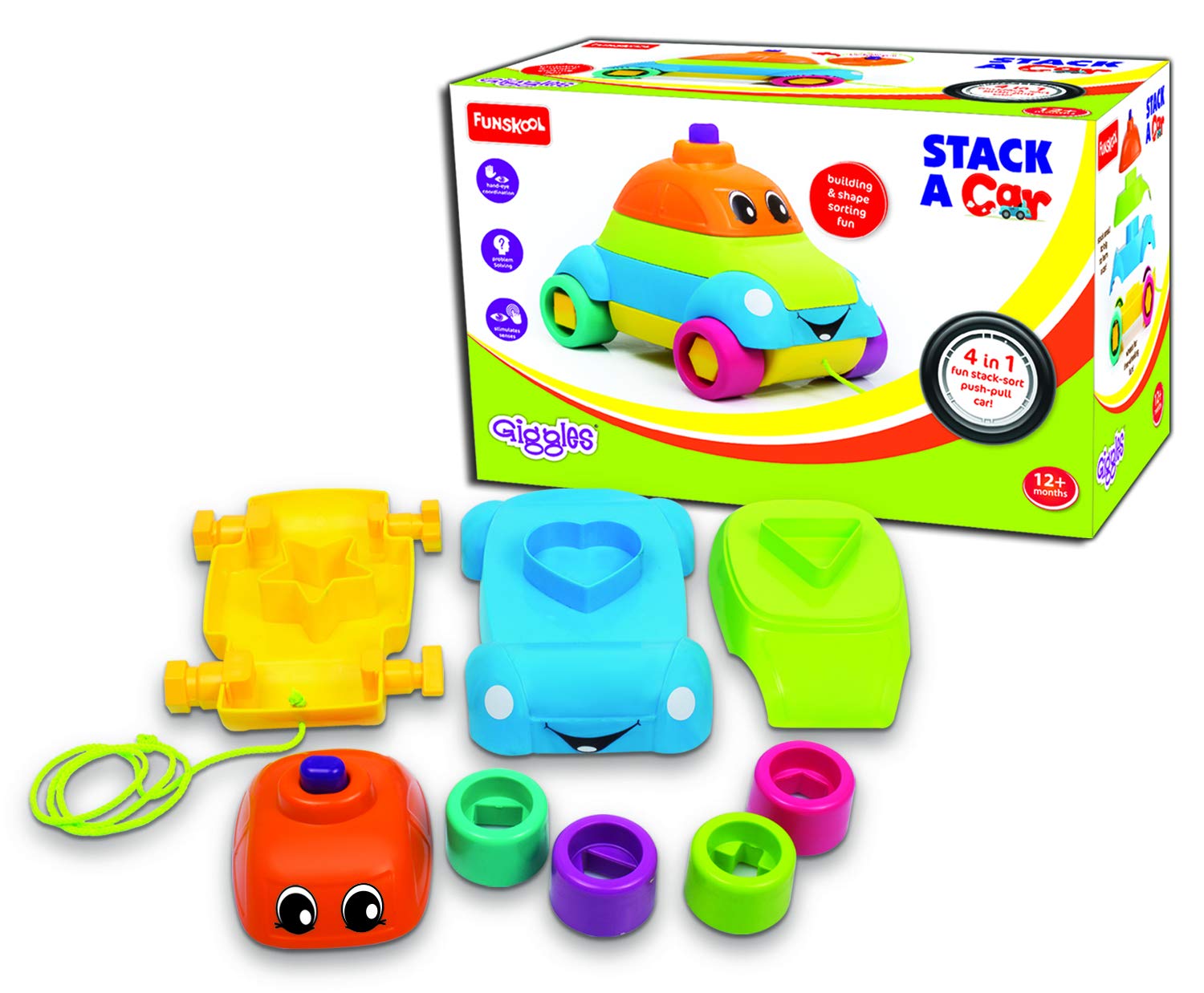Giggles - Stack A Car, 2 In 1 Pull Along Toy, Walking, Shape Sorting,Pretend Play, 12 Months & Above, Infant And Preschool Toys
