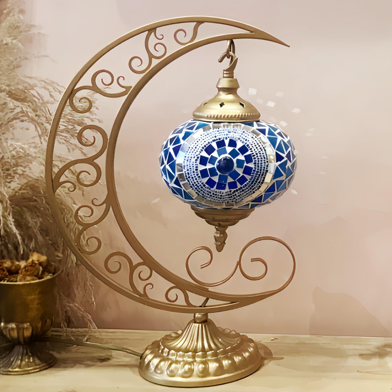 Turkish Mosaic Moon Shape Stained Glass Tiffany Table Lamp - Handmade Room Decoration (Blue)