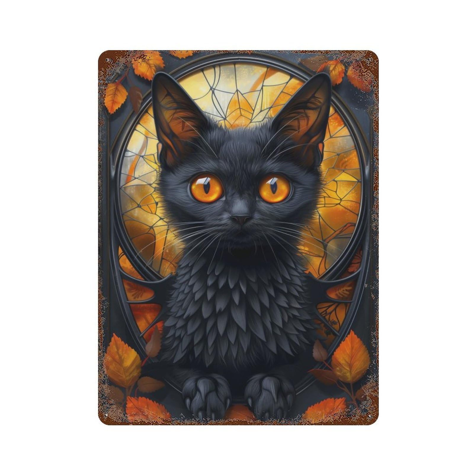 Stained Glass Bat Cat 15.7"x11.8" Aged Metal Wall Plaque, Retro Wall Decor for Farmhouse, Kitchen And Entryway Decor
