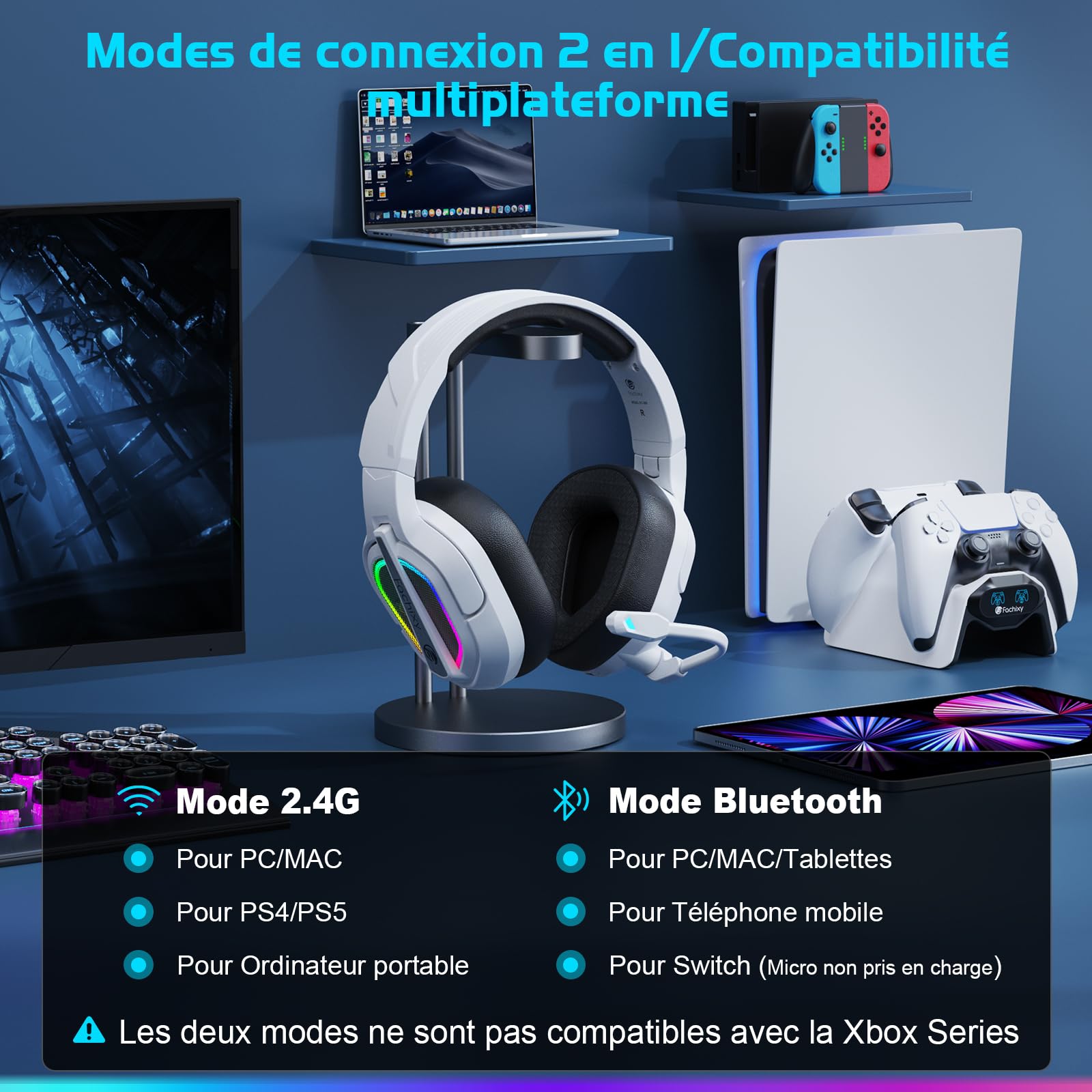 Fachixy FC200「2025 Nouvelle」Casque de Jeu sans Fil pour PS5, PS4, PC - Casque Pliable USB 2,4 GHz avec Micro - Bluetooth stéréo 3D avec autonomie de 50 Heures, pour Mac, Switch, Mobile, Blanc-Noir