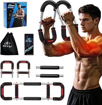 Twister Arm Trainer, Chest Workout Equipment for Men & Women, Adjustable 5 Resistance Levels 40-130 lbs Ergonomic Home Gym Strength Trainer with Anti-Slip Handles & Carry Bag Red&Sliver