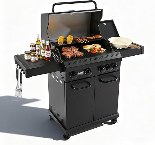 Parrilla de gas propano 4+1, barbacoa al aire libre de 47,000 BTU con rejillas de hierro fundido esmaltado y mesas auxiliares, portátil para patio