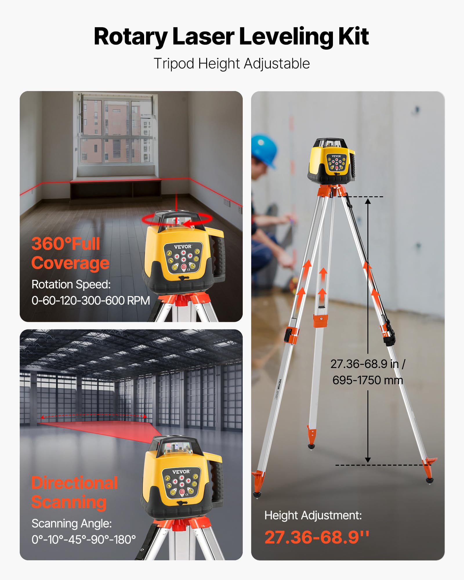 VEVOR Kit de Nivel Láser Giratorio con Trípode y Mira Telescópica Láser Roja, Alcance de 300 m, Giro de 360°, Ángulo de Escaneo Flexible, con Receptor de Control Remoto y Estuche de Transporte