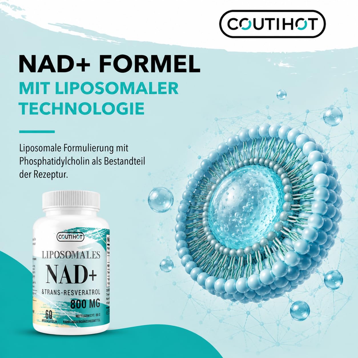 Liposomales NAD+ mit Trans-Resveratrol | Hochdosiert 800 mg pro Portion | 60 Softgels – Liposomale Technologie für effiziente Aufnahme & Premium Reinheit (60 stück (1er Pack))