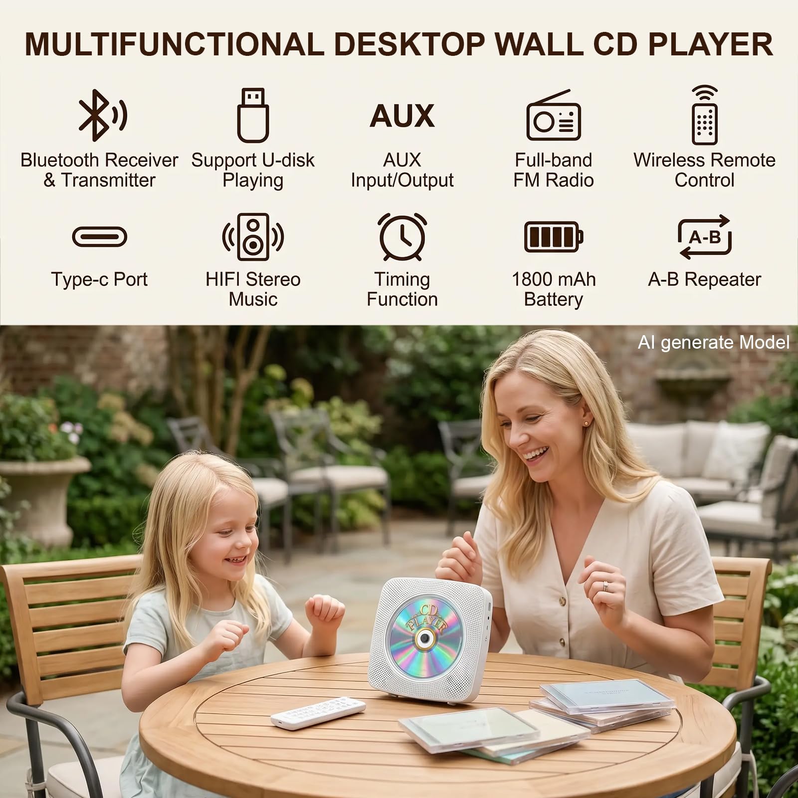 Gueray Desktop CD Player Bluetooth CD-Spieler mit Lautsprechern für Zuhause 1800mAh Tragbarer CD-Player mit AUX USB Kopfhörer Jack FM Radio mit Fernbedienung Staubschutz LCD Display für Kinder-Weiß