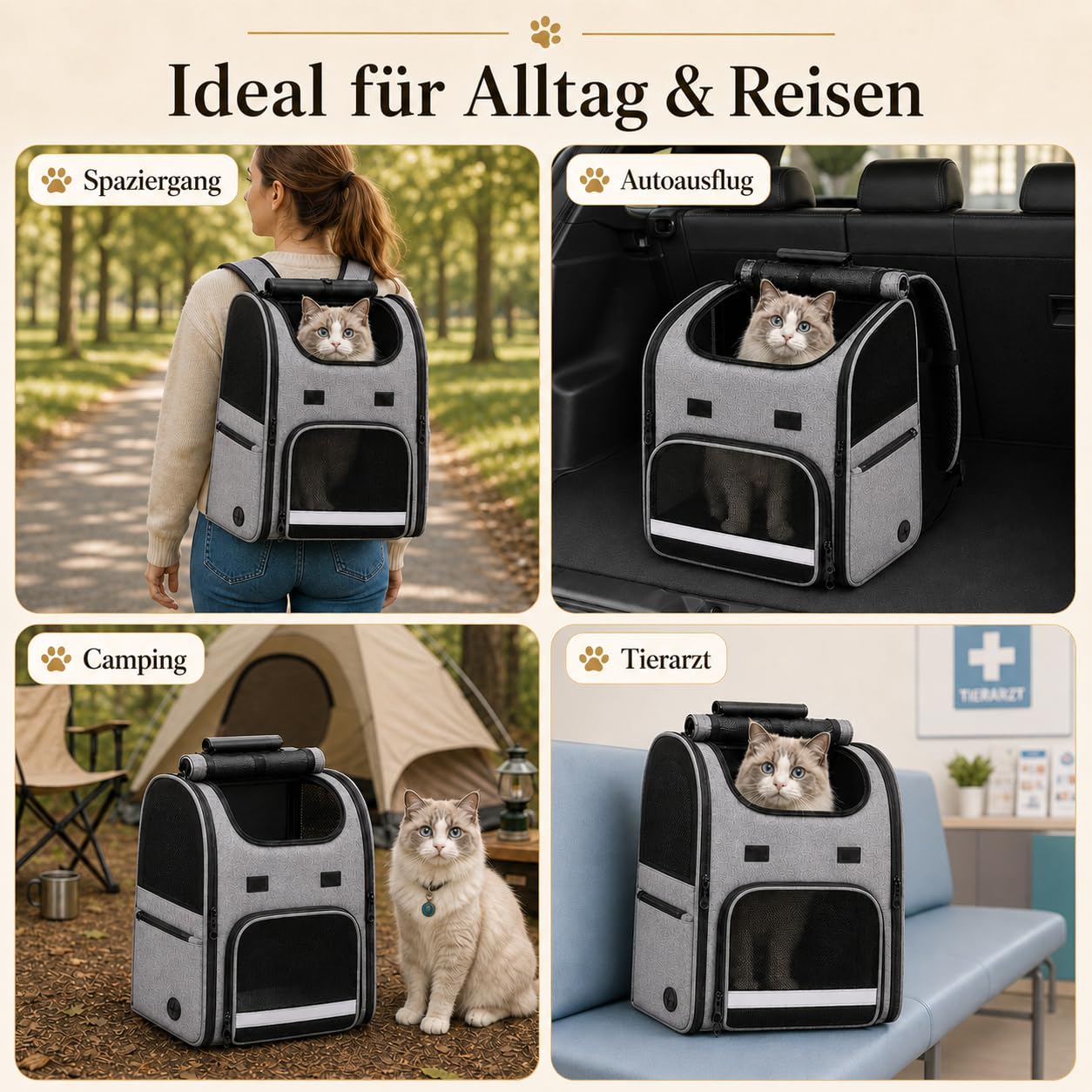 Katzenrucksack, Tragbare und Faltbare Katzentasche, Atmungsaktive und Leichte Hunderucksack, Multifunktionales Rutschfestes, Wasserdichtes Oxford-Tuch mit viel Platz, Grau 10kg