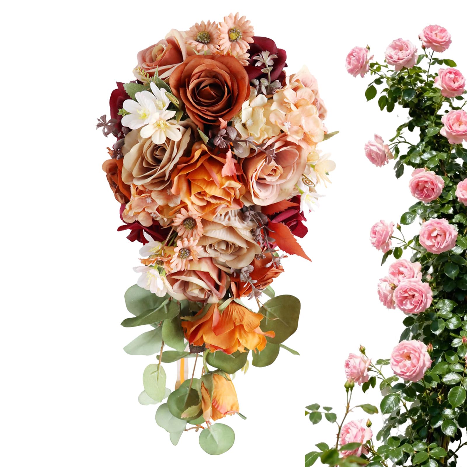 ZBELLO Artificial Bridal Bouquet, Burnt Orange Silk Rose Waterfall Teardrop Wedding Posy, Autumn Bridesmaid Hand Bouquet for Wedding Photo Home Decor (PURPLE)