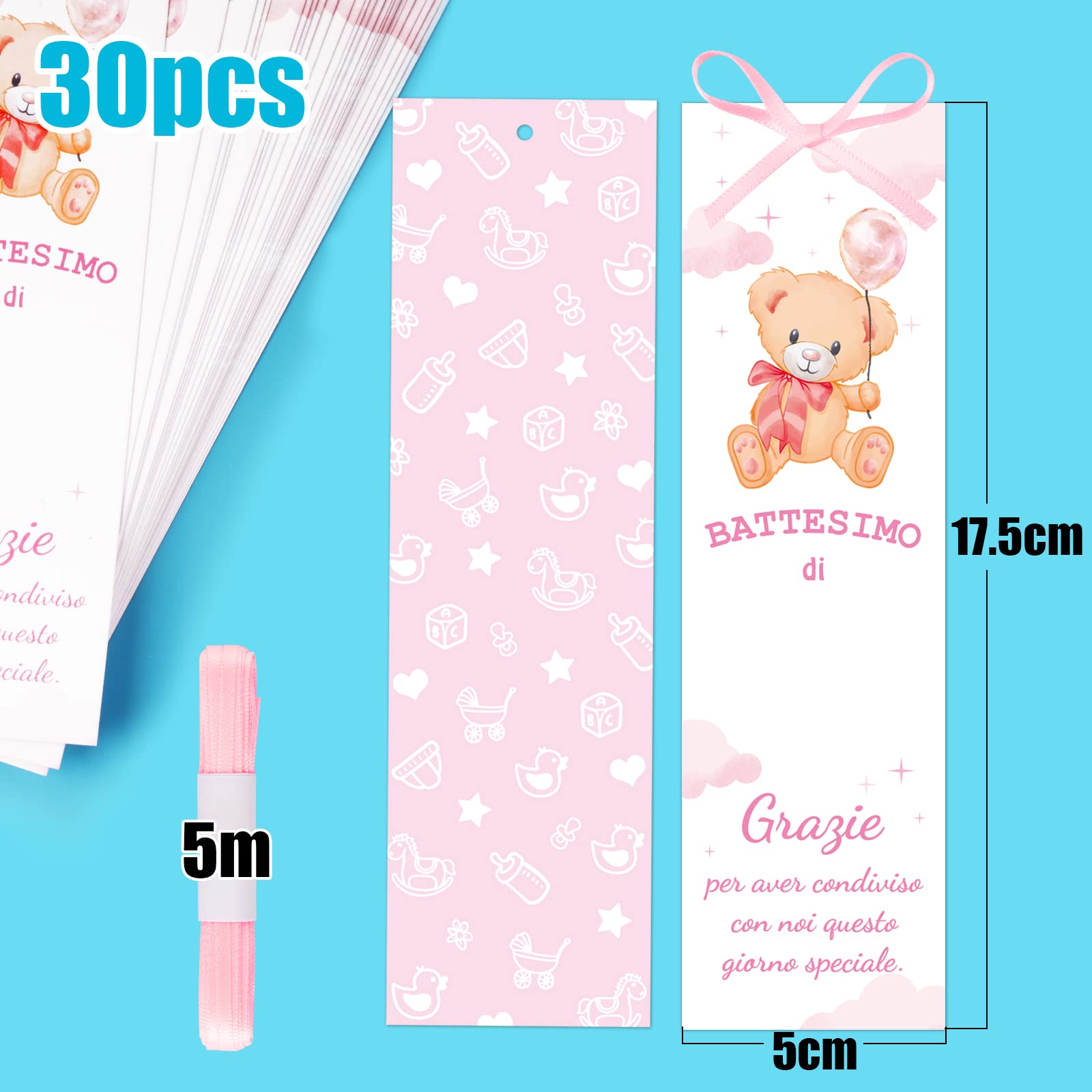 50 Segnalibri Bomboniera Battesimo Bimbo/Bimba, Bigliettini Ringraziamento Segnaposto In Cartoncino 300g, 16x5 Cm, Azzurri