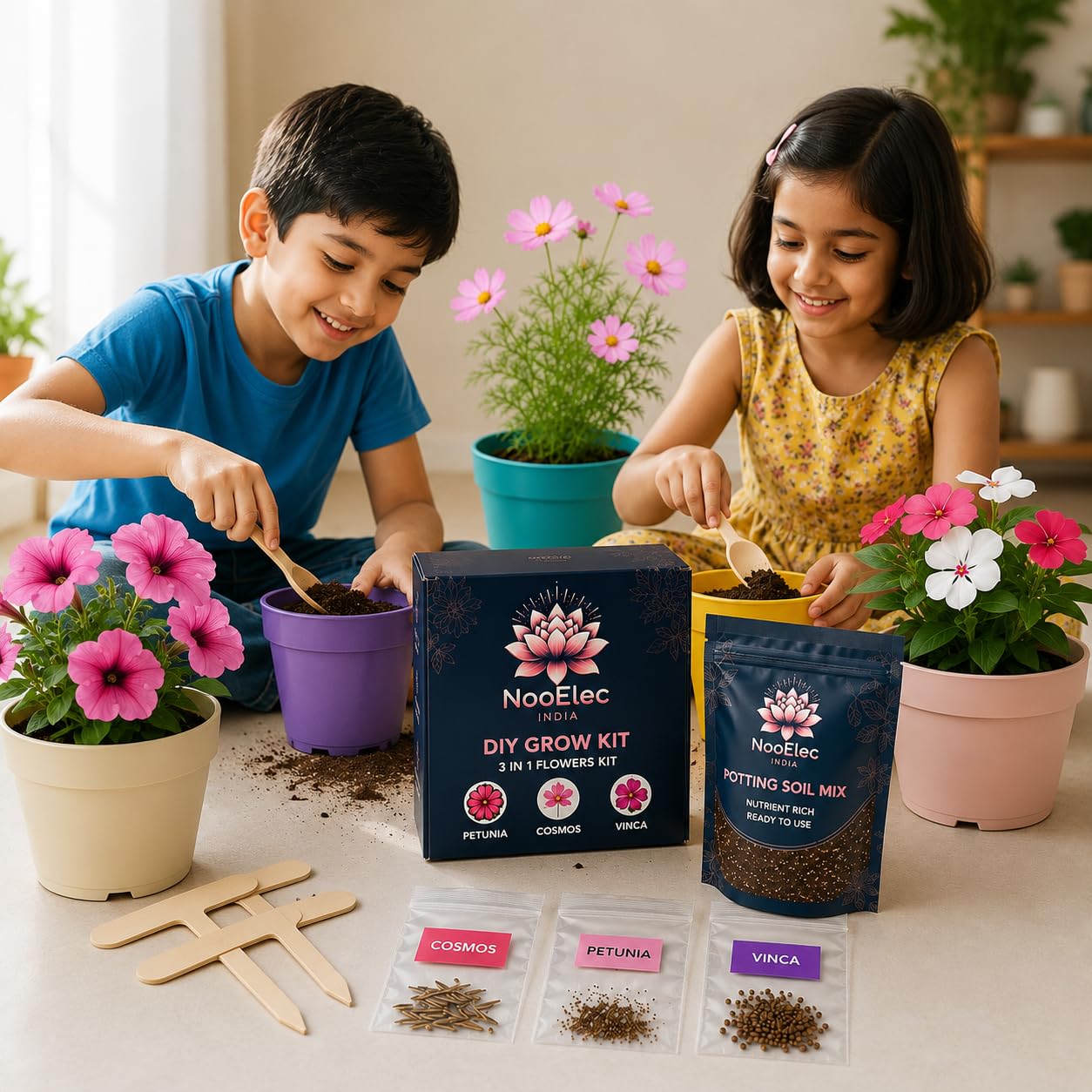 DIY Flower Grow Kit Gift for Kids with Pots, Seeds & Soil Mix, Gift Wrapped-image-11