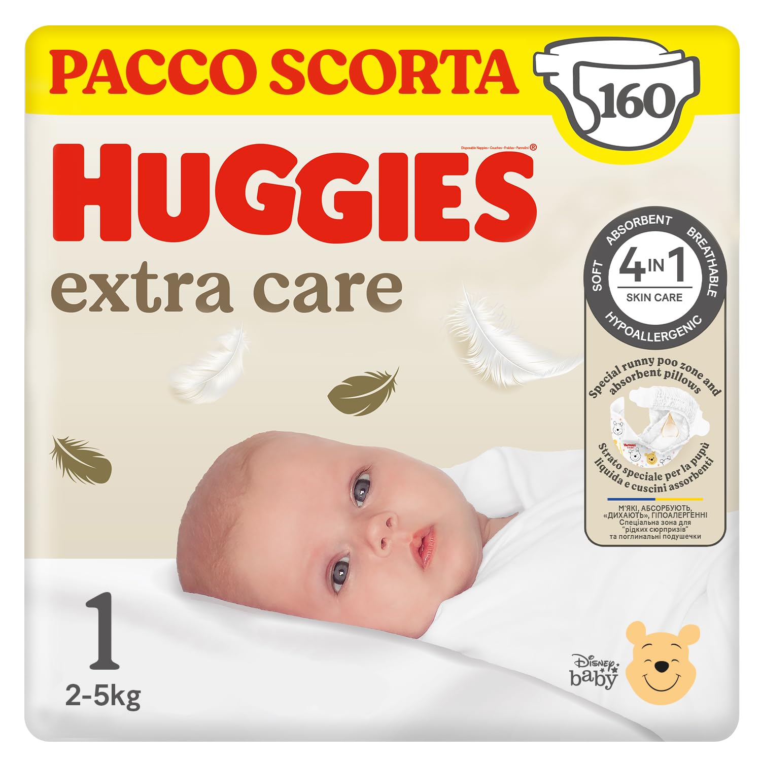 Huggies Extra Care Bebè, Pannolini Taglia 1 (2-5Kg), Ultra assorbente, Pacco Scorta, 160 Pz