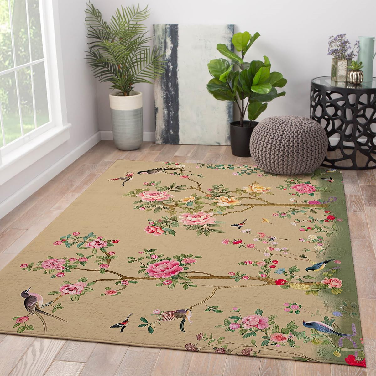 Tapis de salon lavable facile à nettoyer pour grand salon et salle à manger beige