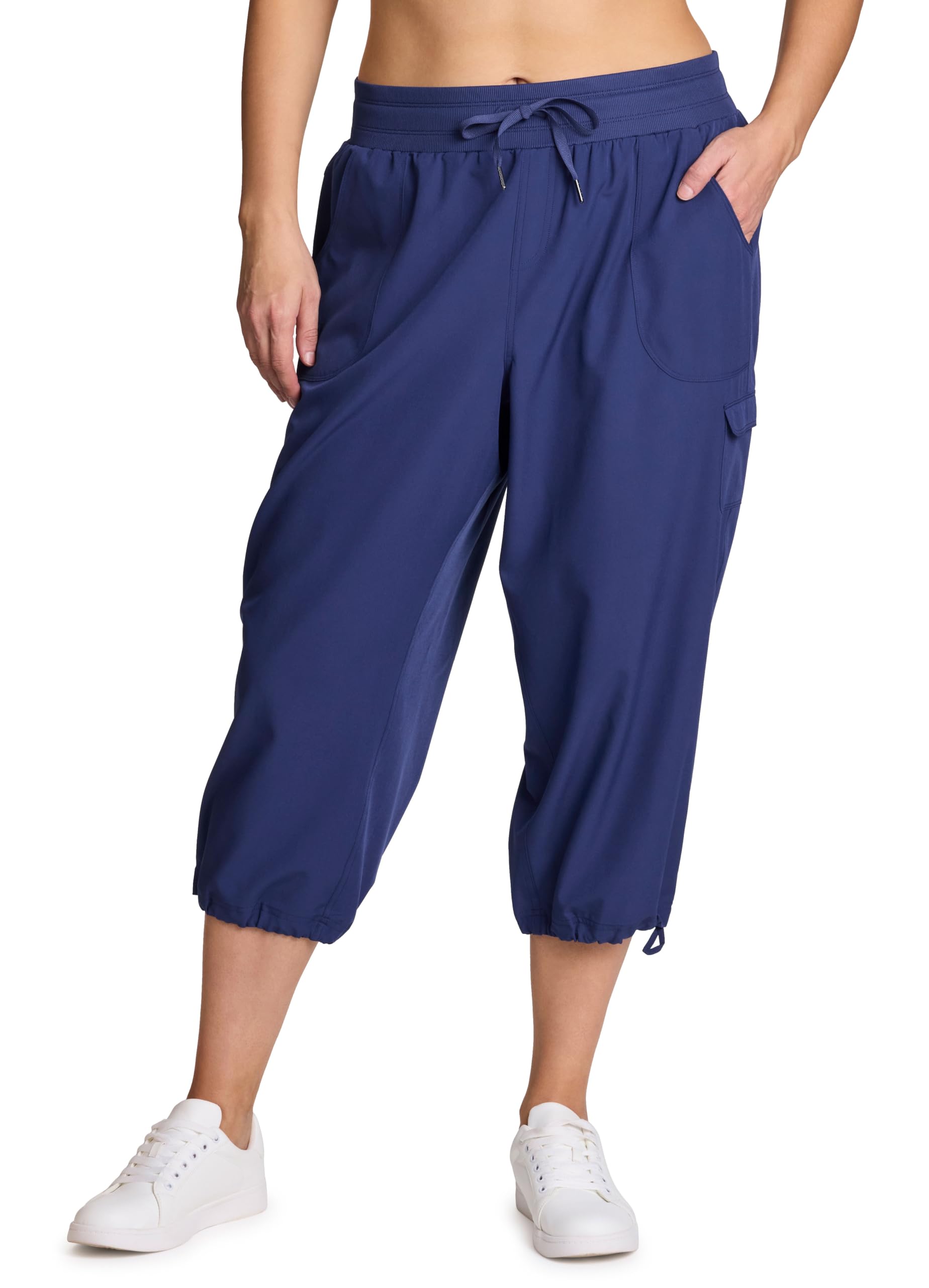 RBX Active Womens Plus Size Fashion Lightweight Woven Body Skimming Drawstring Cargo Capri Pant