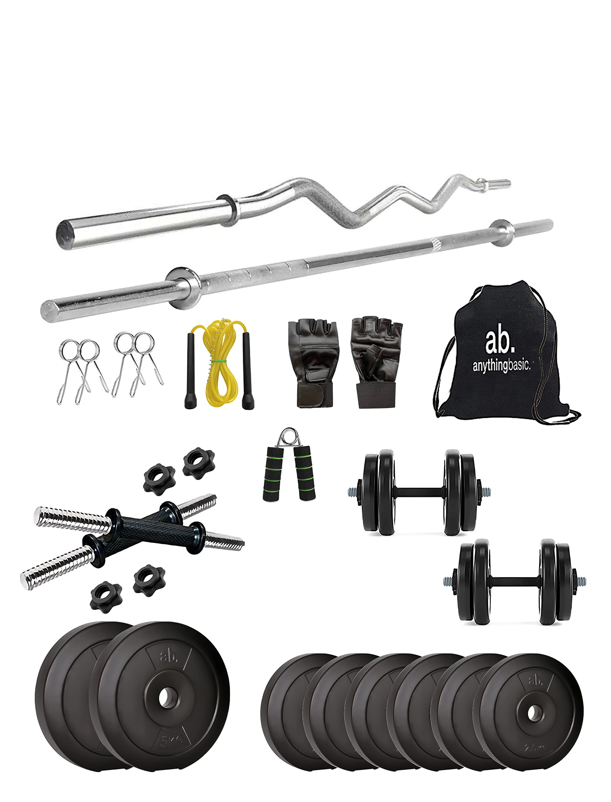 anythingbasic. PVC 25 Kg Home Gym Set with One 3 Ft Curl and One 3 Ft Plane Rod with One Pair Dumbbell Rods and Gym Accessories