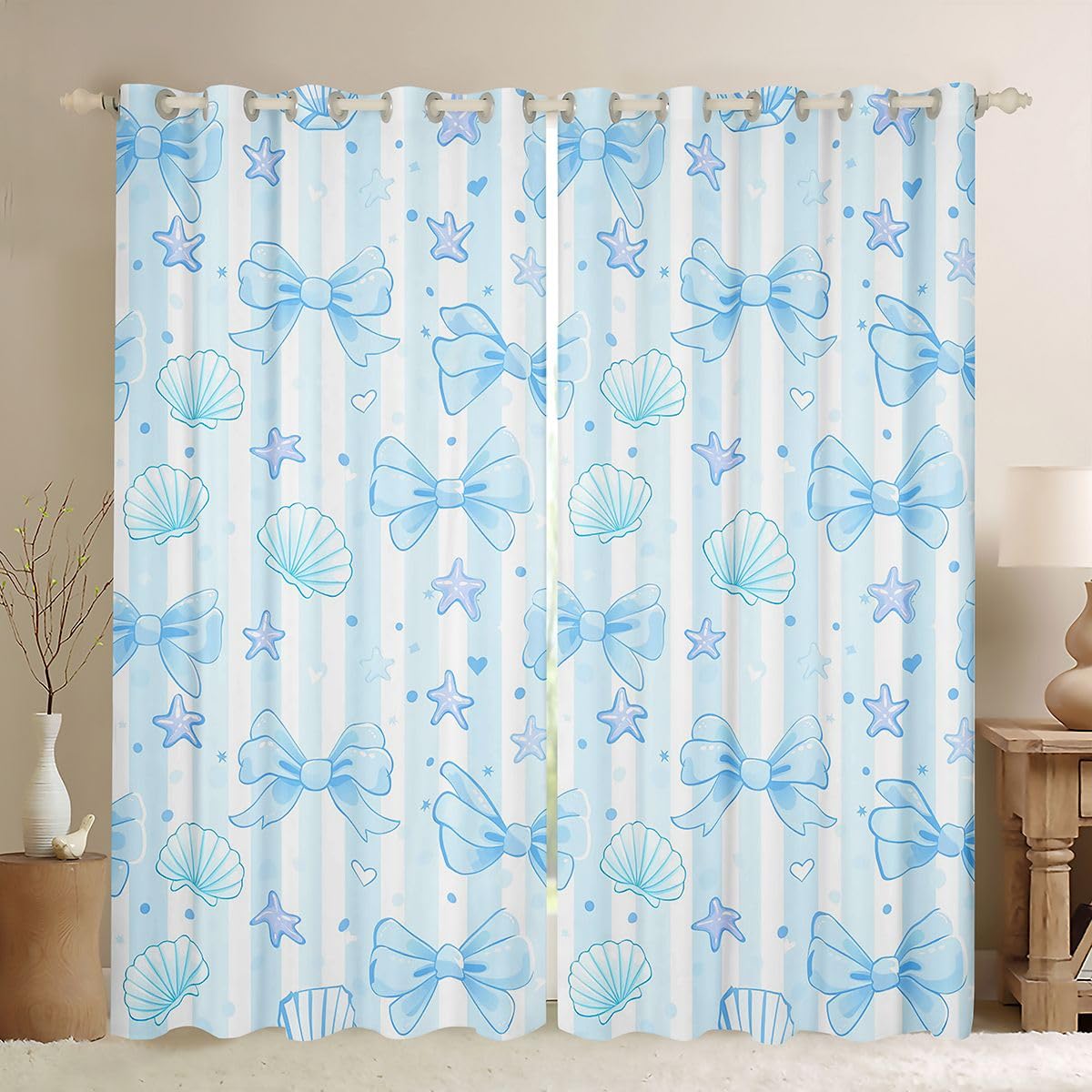 Homemissing Tende marine con fiocco blu per camera da letto soggiorno stelle marine conchiglie tonalità oscuranti strisce tende oscuranti per camera tende oscuranti tenda estiva trattamenti per