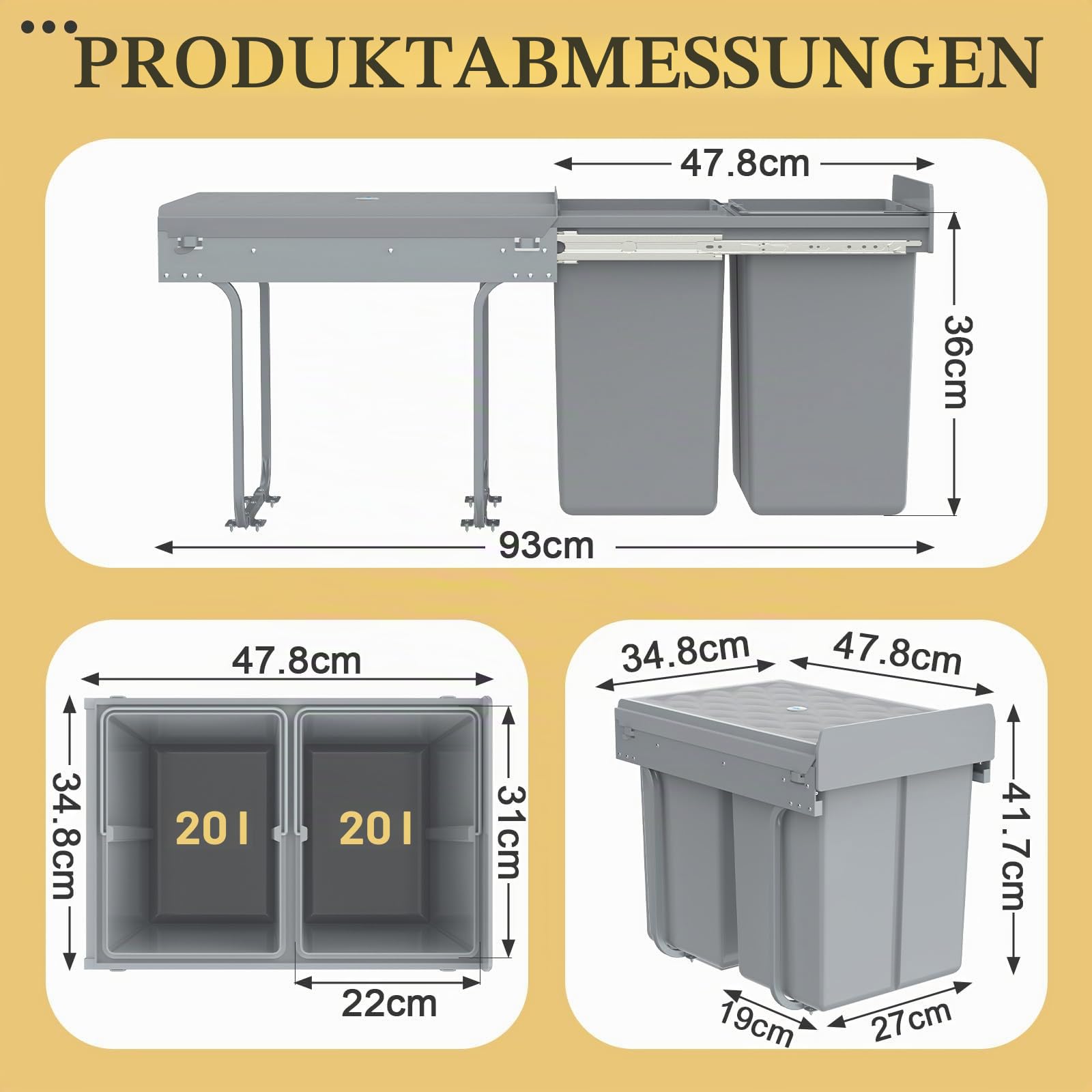 Soontrans Mülleimer Küche Unterschrank, Einbaumülleimer Küche mit 2x 20L Ausziehbarer Abfalleimer, Teleskopschienen, Mülleimer unter Spüle, Stahl und Kunststoff, Abfallsammler Mülltrennsystem(Grau)