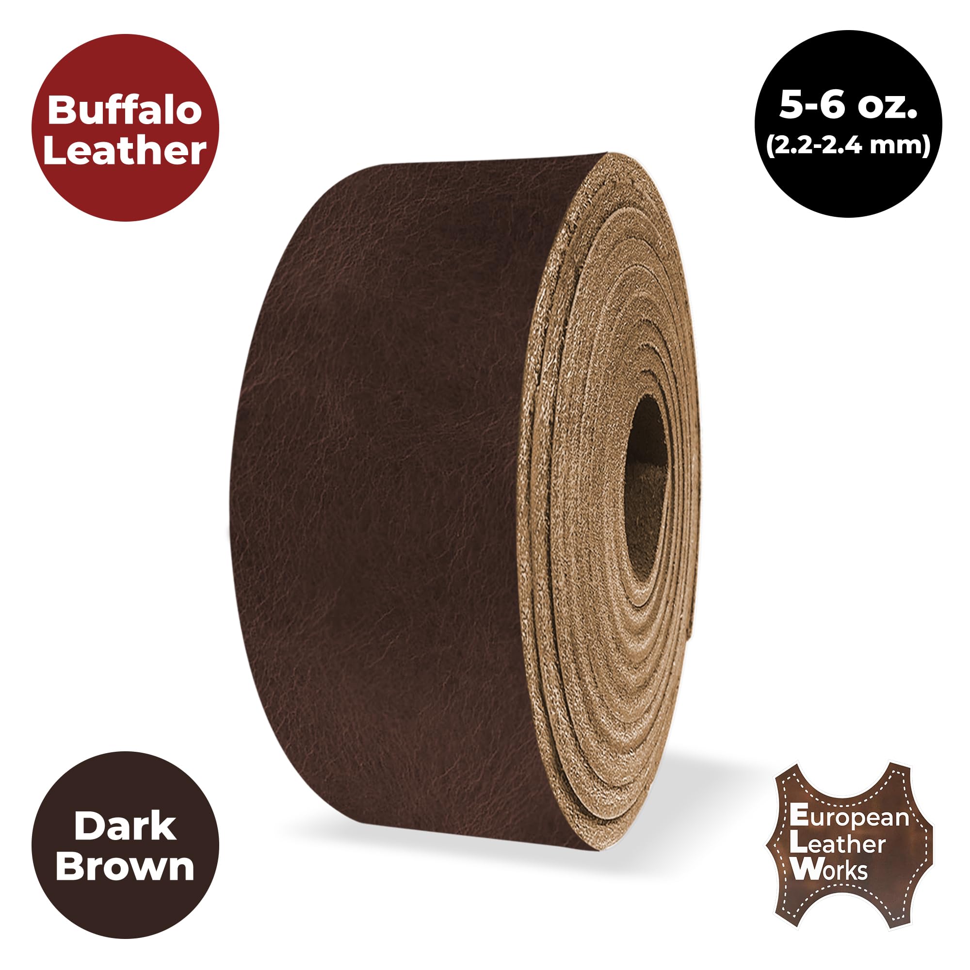 ELW Buffalo Hide Leather Strap 5-6 oz |1.5 Inch x 60 Inch|Color Dark Brown Leather Strips for Crafts, Leather Bag Straps, Leather for Belt Making, Leather Crafting, Blank Leather, Tooling Leather Roll