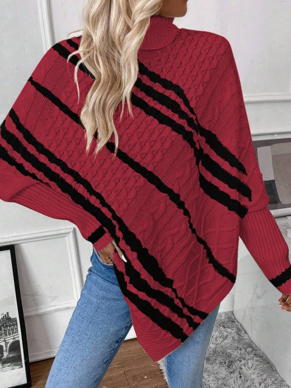 ZAFUL Women's Asymmetrical Turtleneck Poncho Sweaters Drop Shoulder Cable Knit Casual Pullover Sweater - Image 3