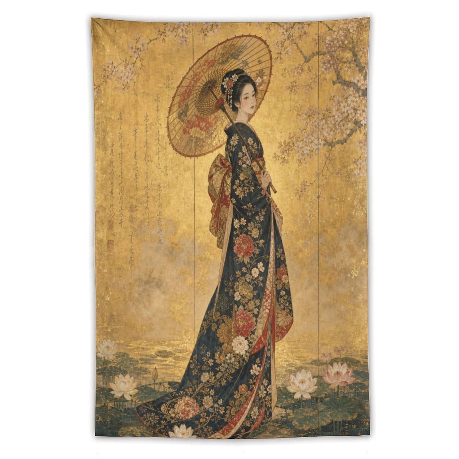 H3B8U2Y5 Woman in Floral Kimono Wall Tapestry, Ukiyo-e, Japanese Art